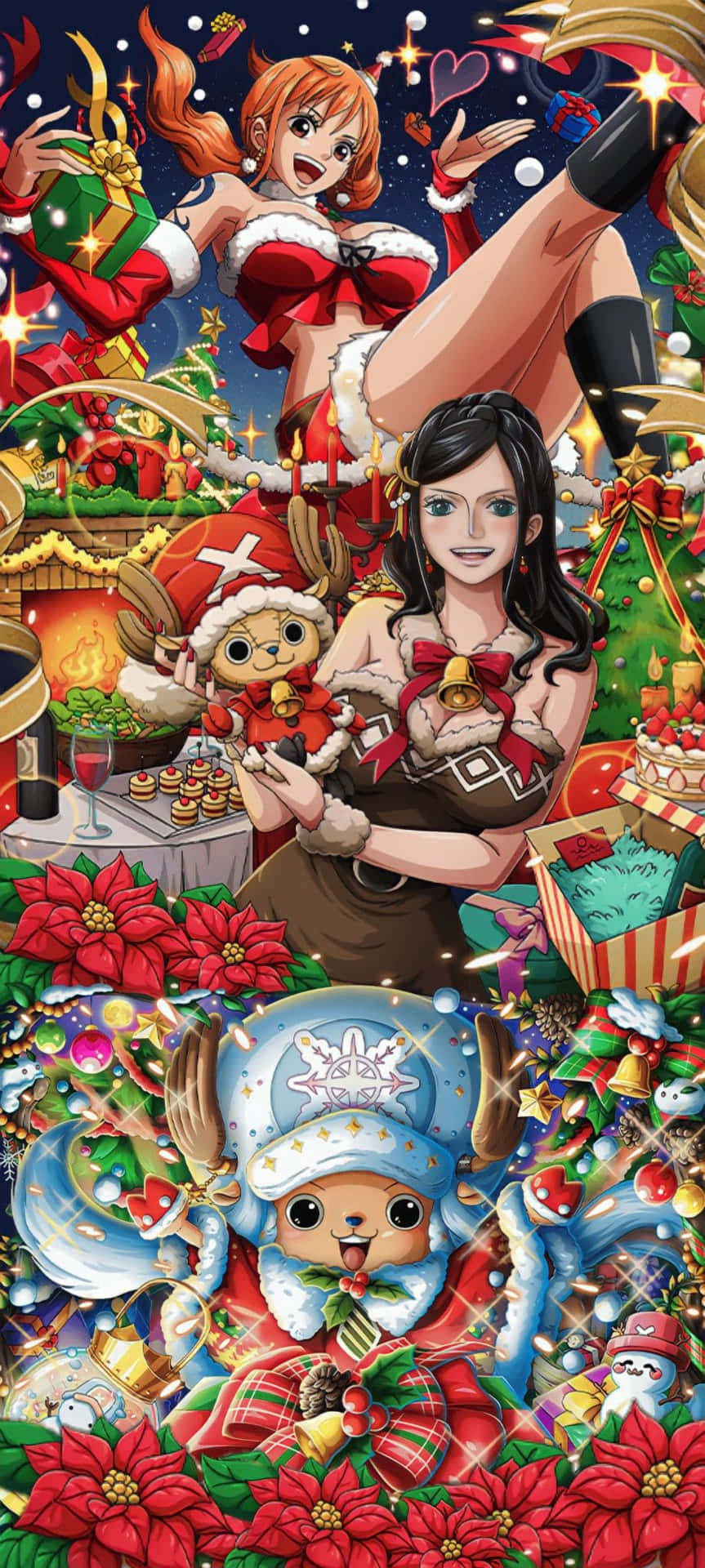  壁紙 — 一個節日氣氛的動畫聖誕場景，角色穿著節日服裝，周圍環繞著裝飾品、聖誕紅和禮物，在星空下。