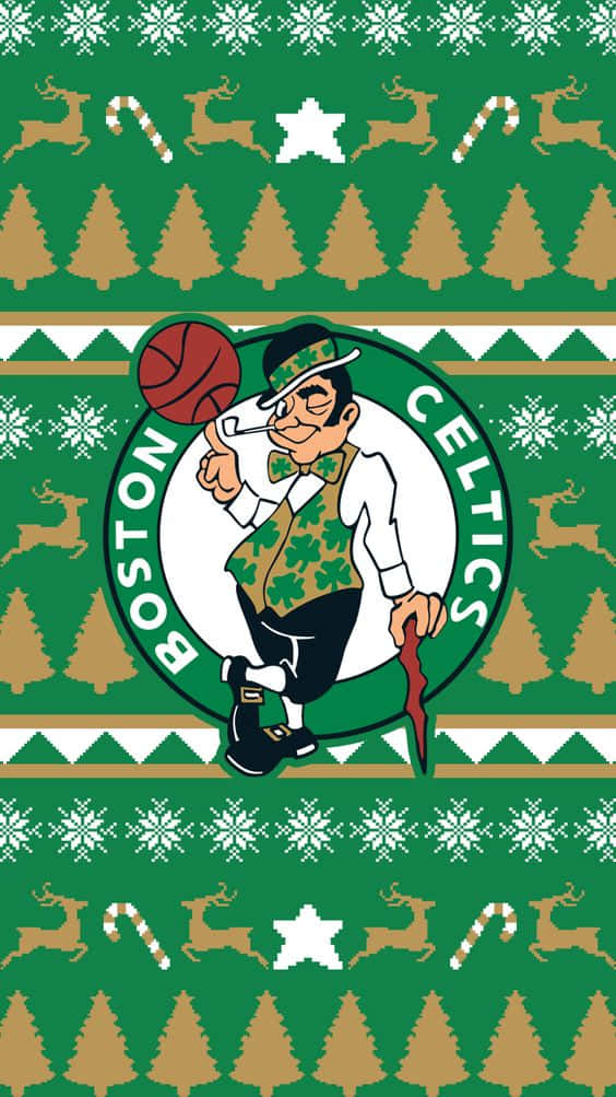 波士頓塞爾提克吉祥物在聖誕毛衣圖案中與馴鹿和樹木 — NBA聖誕節 壁紙