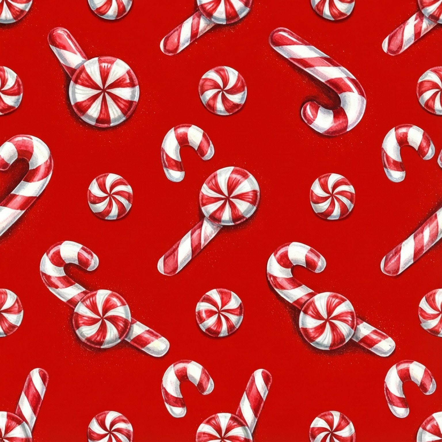 Candy Cane Pattern 壁紙 — 一個節日圖案，由紅白條紋的拐杖糖和薄荷糖散落在鮮紅色的背景上。
