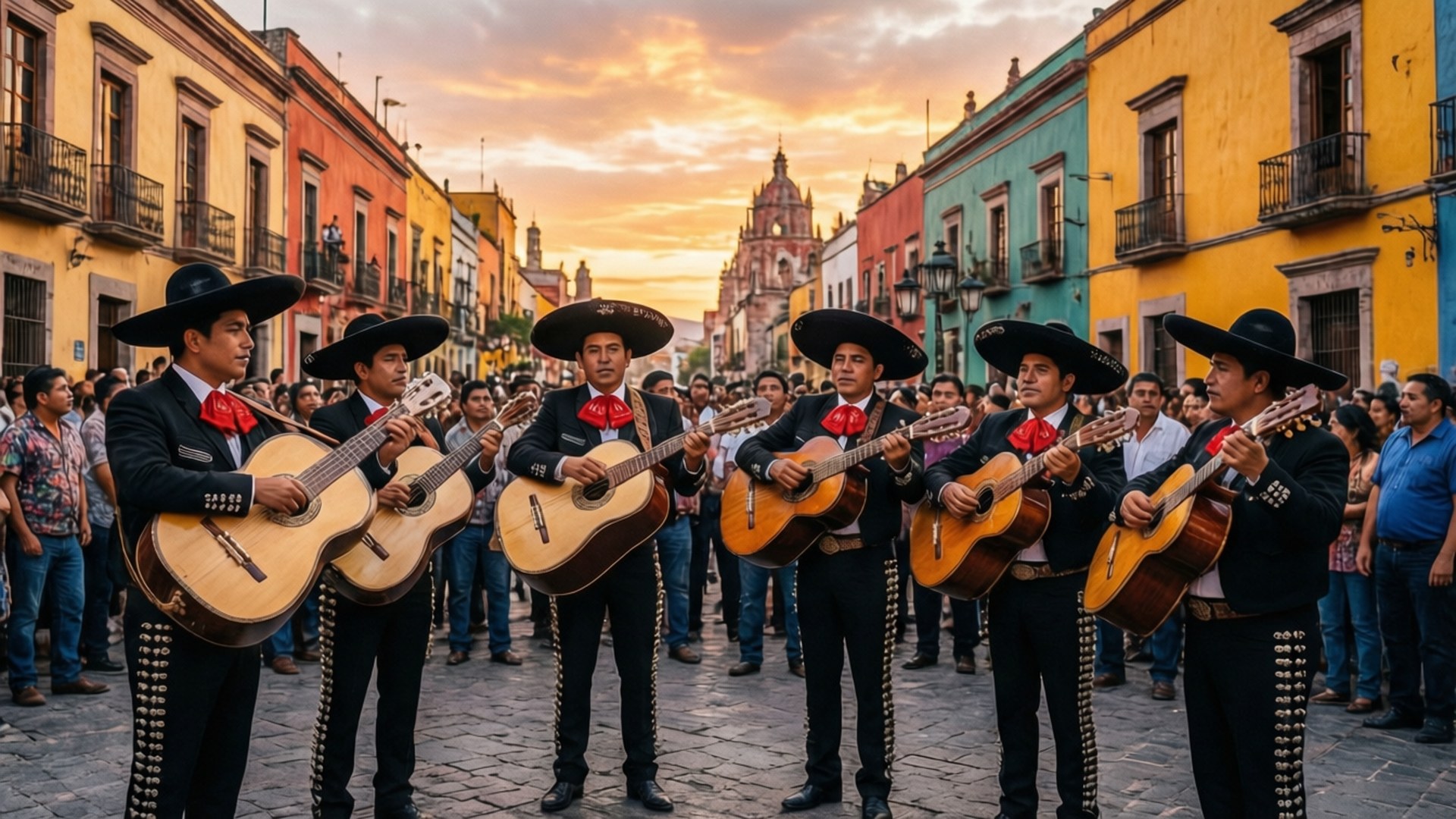 Mariachi Band Plaza 壁紙 — 一個街頭樂隊在日落時分，在兩旁色彩繽紛的殖民建築的鵝卵石街道上彈奏吉他。
