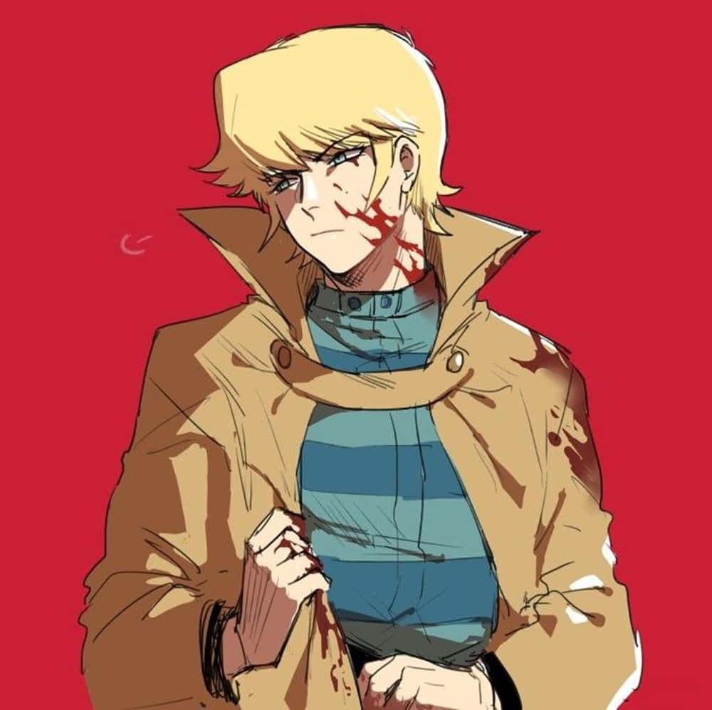 Ryo Asuka 桌布 壁紙 — 一個金髮動漫男孩，穿著棕色外套，臉上和衣服上有血跡，背景為純紅色。