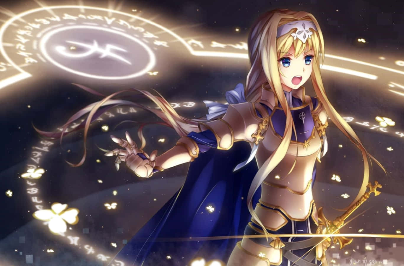 Alice Zuberg 桌布 壁紙 — 一個金髮動漫女孩穿著金色盔甲，在星空下用劍施展發光的魔法。