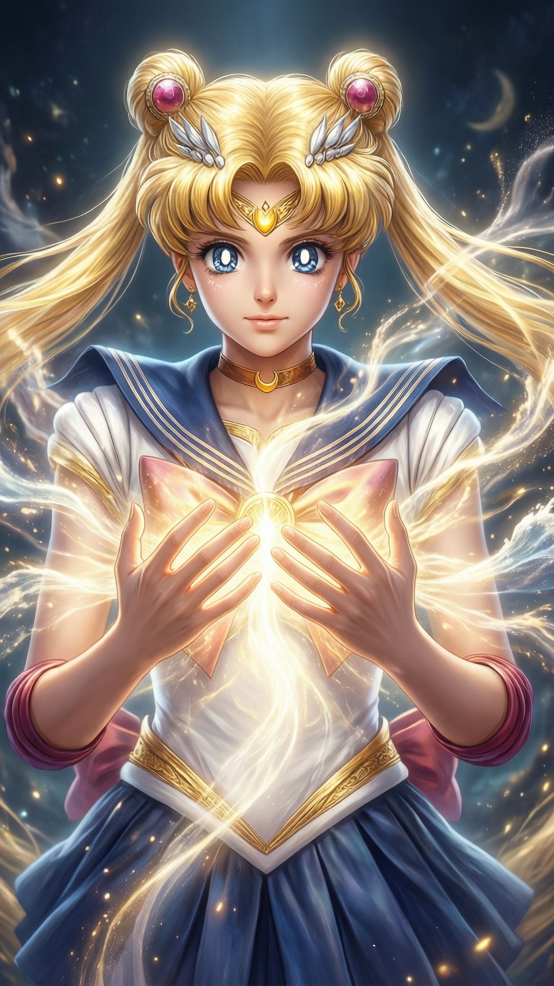 Healing Light 壁紙 — 一個金髮動漫女孩穿著藍色水手服，在星空下雙手之間引導發光的能量。