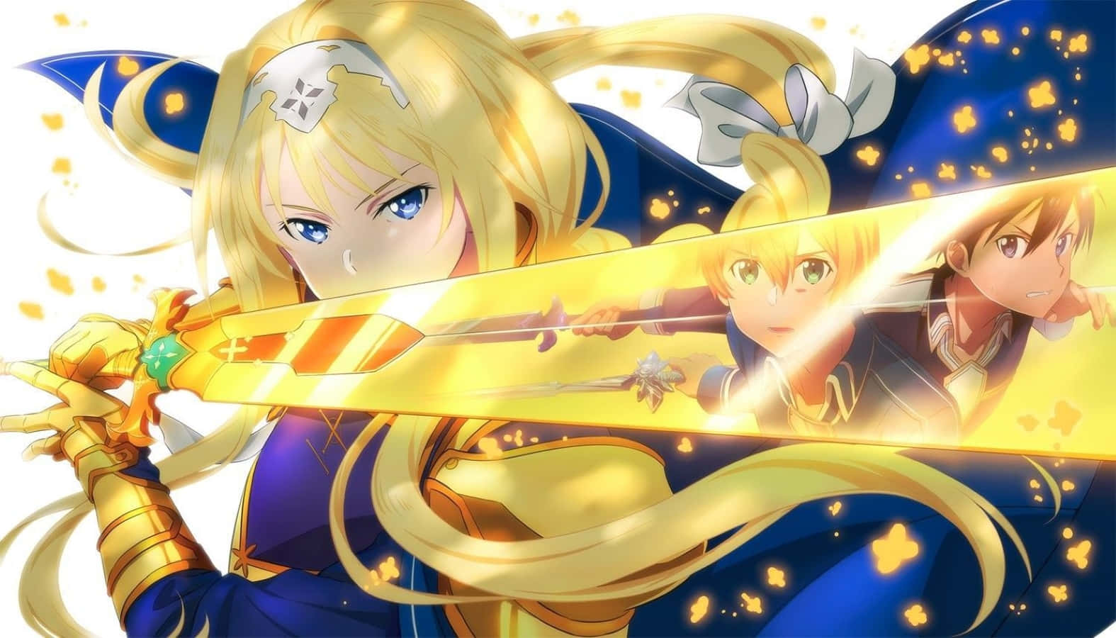 Alice Zuberg 桌布 壁紙 — 一個金髮動漫女孩揮舞著一把發光的金色劍，而兩個同伴站在她身後，周圍閃爍著粒子。