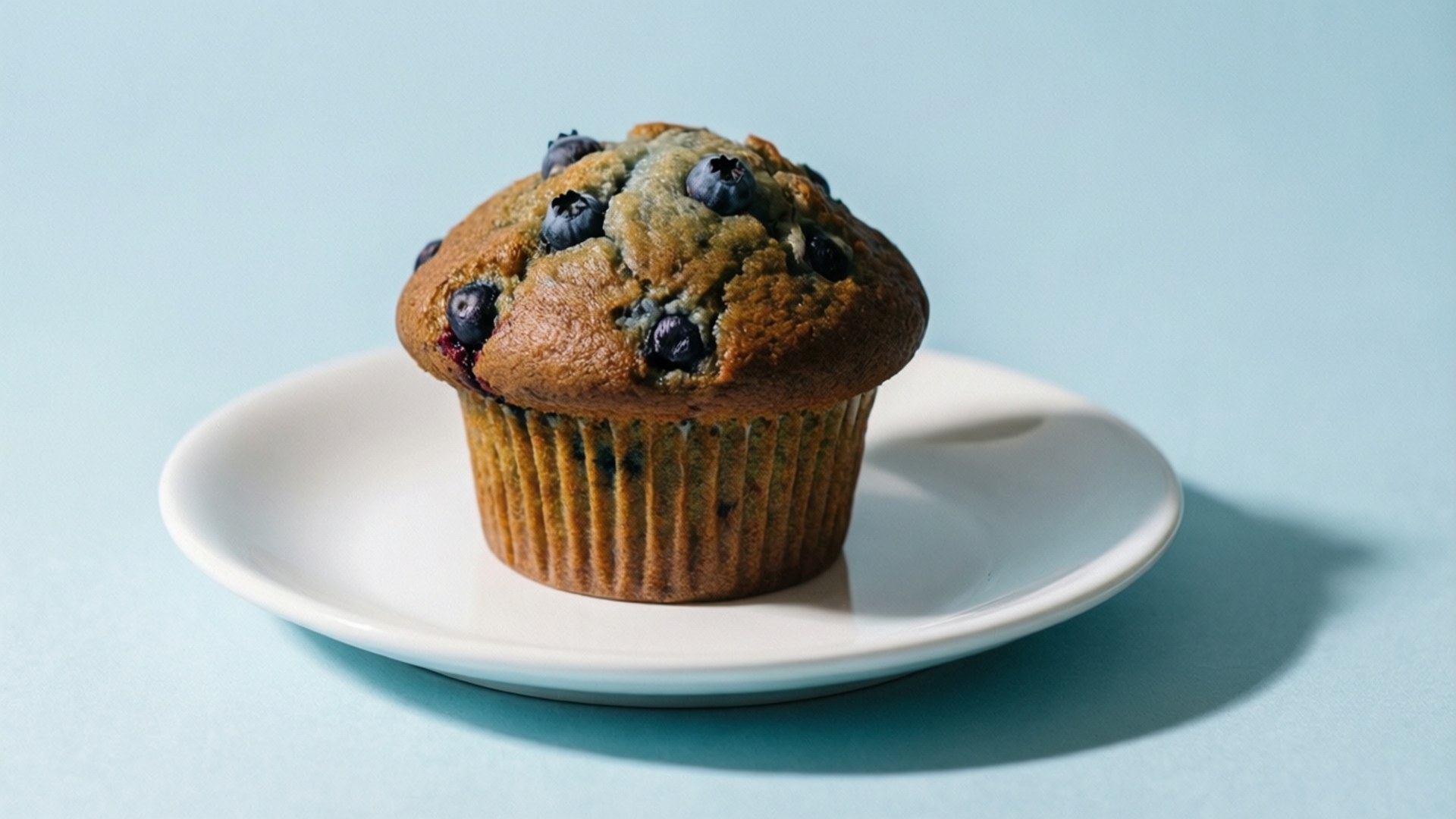 Minimalist Blueberry Muffin 壁紙 — 一個金黃色的藍莓馬芬，上面放著新鮮藍莓，放在白色盤子上，背景是柔和的藍色。