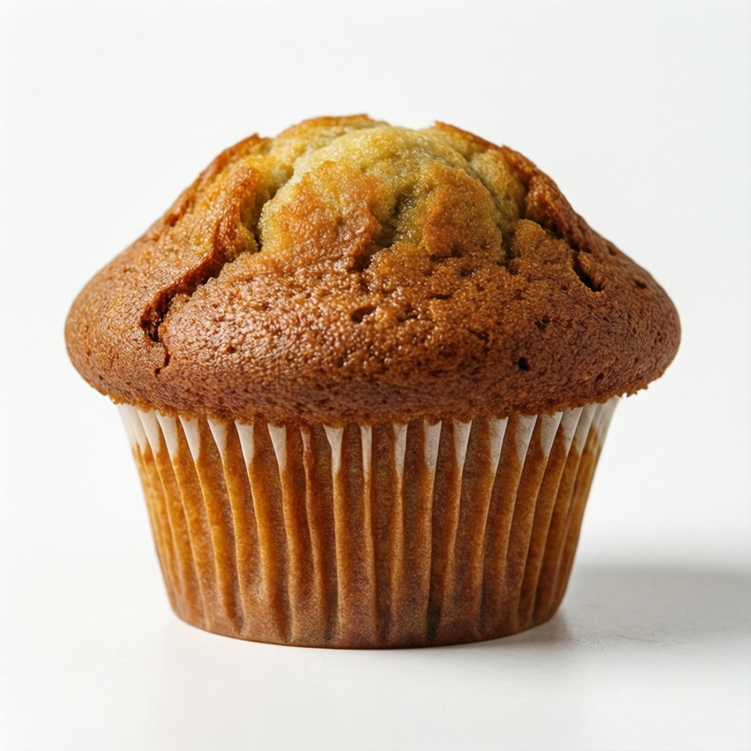 Isolated Muffin on White 壁紙 — 一個金黃色的鬆餅，頂部裂開，放在白色波浪紋紙杯裡，背景是純白色。