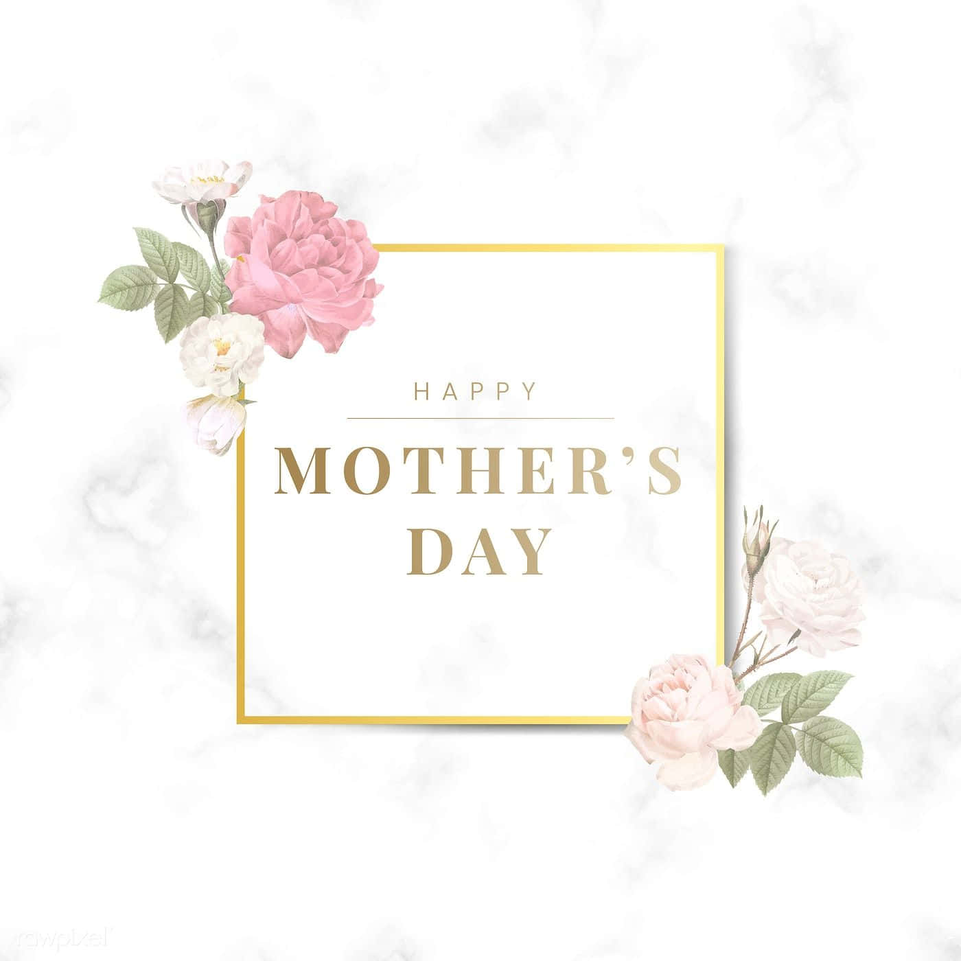  壁紙 — 一個金色邊框的「Happy Mother's Day」訊息，點綴著柔和的粉紅和白色玫瑰，背景為白色大理石。