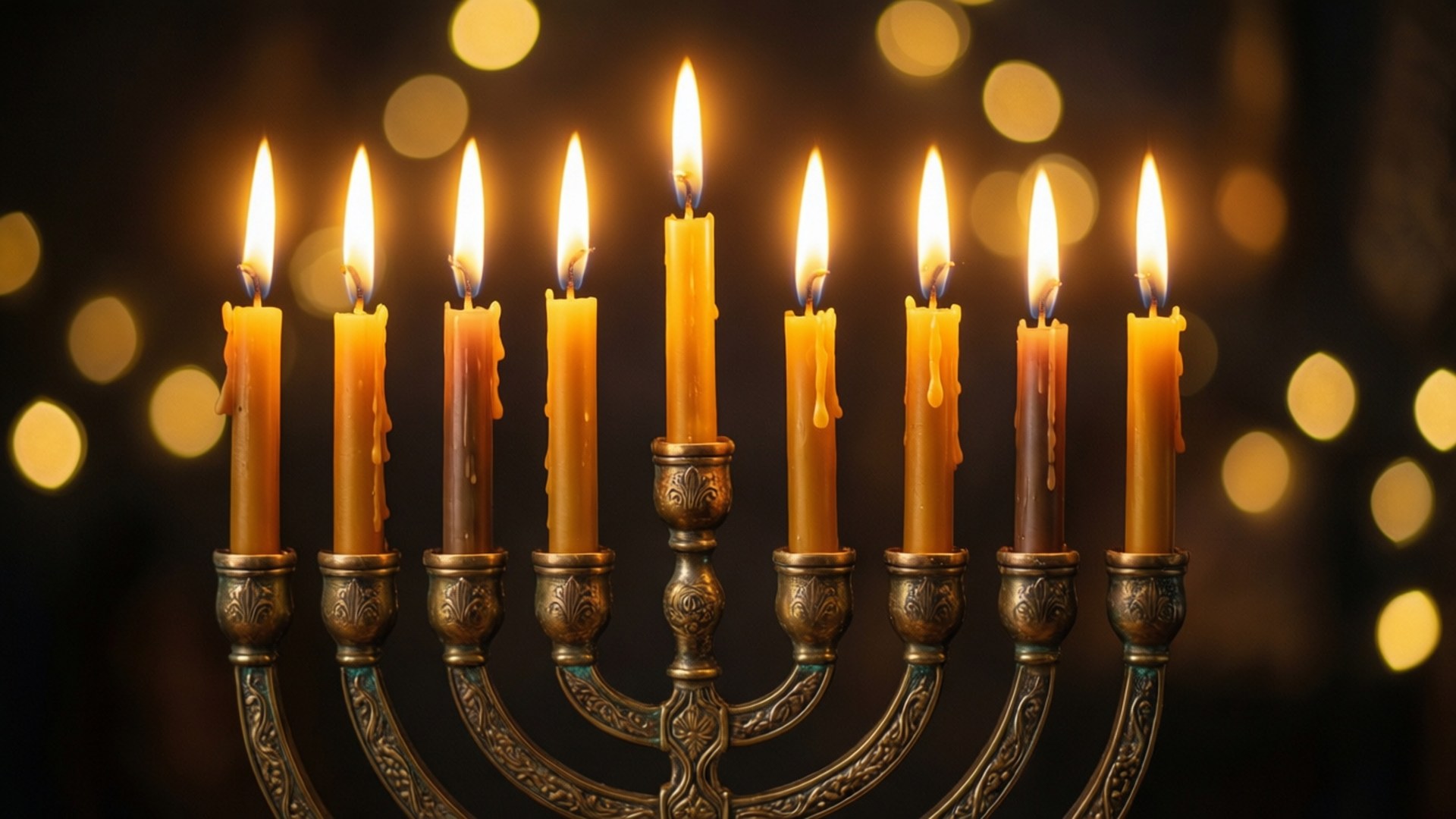 Illuminated Menorah Close-Up 壁紙 — 一個金色的九枝燭台，點燃的蠟燭在黑暗背景中散發溫暖光芒，帶有散景燈光。