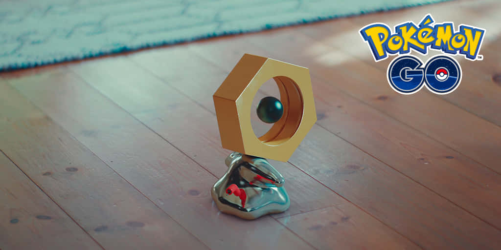 Pokémon GO 寶貝球玩具放在木地板上，背景有藍色地毯 — 3D 壁紙