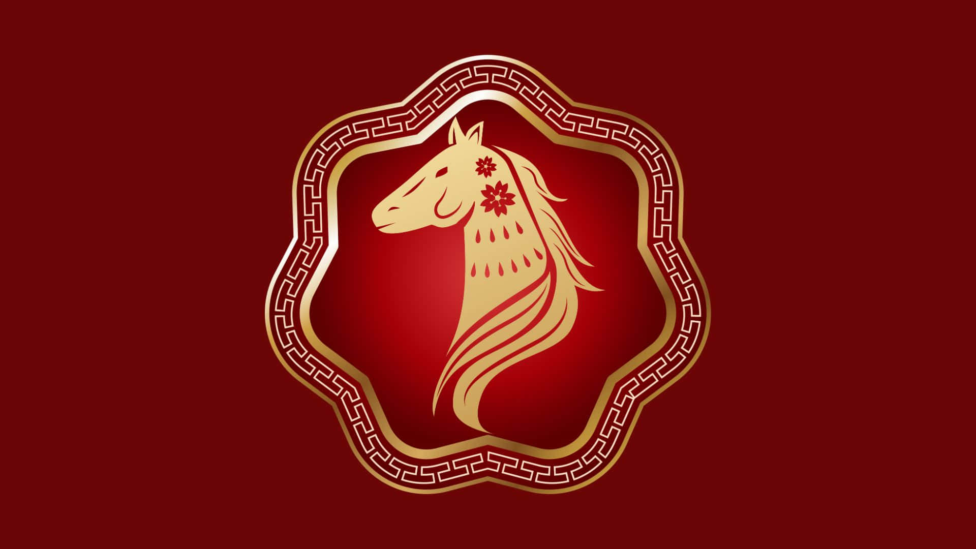  壁紙 — 一個金色馬頭徽章，帶有花卉細節，位於裝飾性金色邊框內，背景為深紅色。