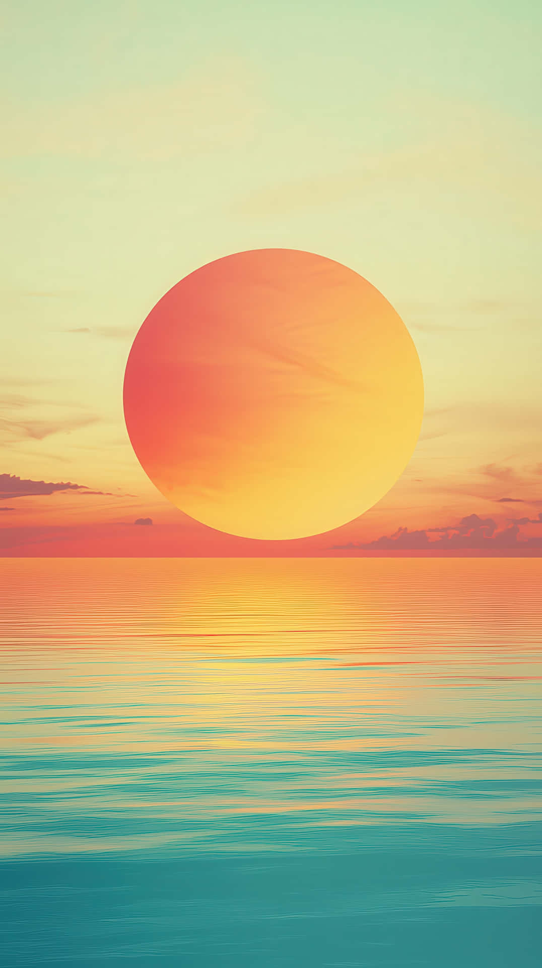 一個大橙色太陽在日落地平線上反射在平靜的碧綠水面上 — Pastel 壁紙