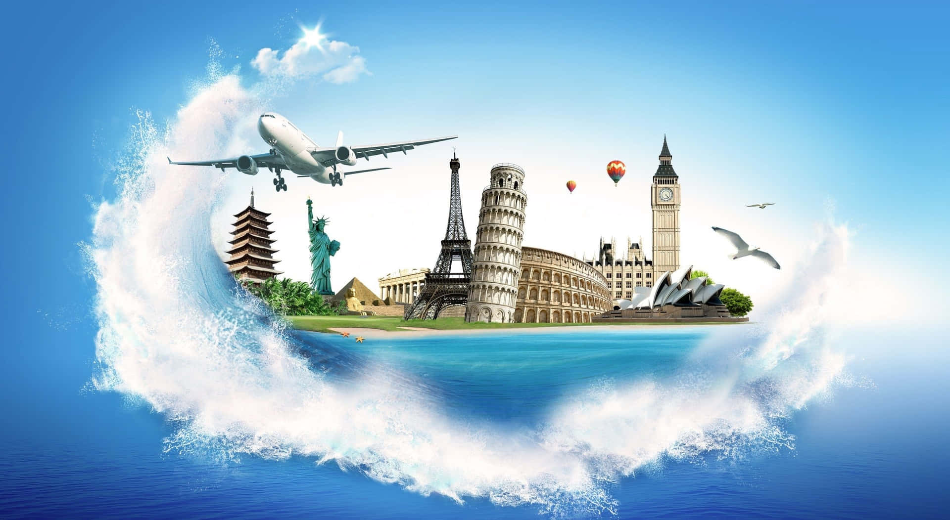 海浪承載著一個浮島，上面有著名的全球地標和一架飛機在上空飛行。 — 3D 壁紙