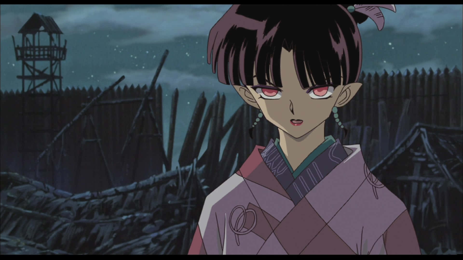 Inuyasha Kagura 桌布 壁紙 — 一個決心堅定的動漫女孩，紅眼睛和紫色頭髮，站在星空下的深色木柵欄前。