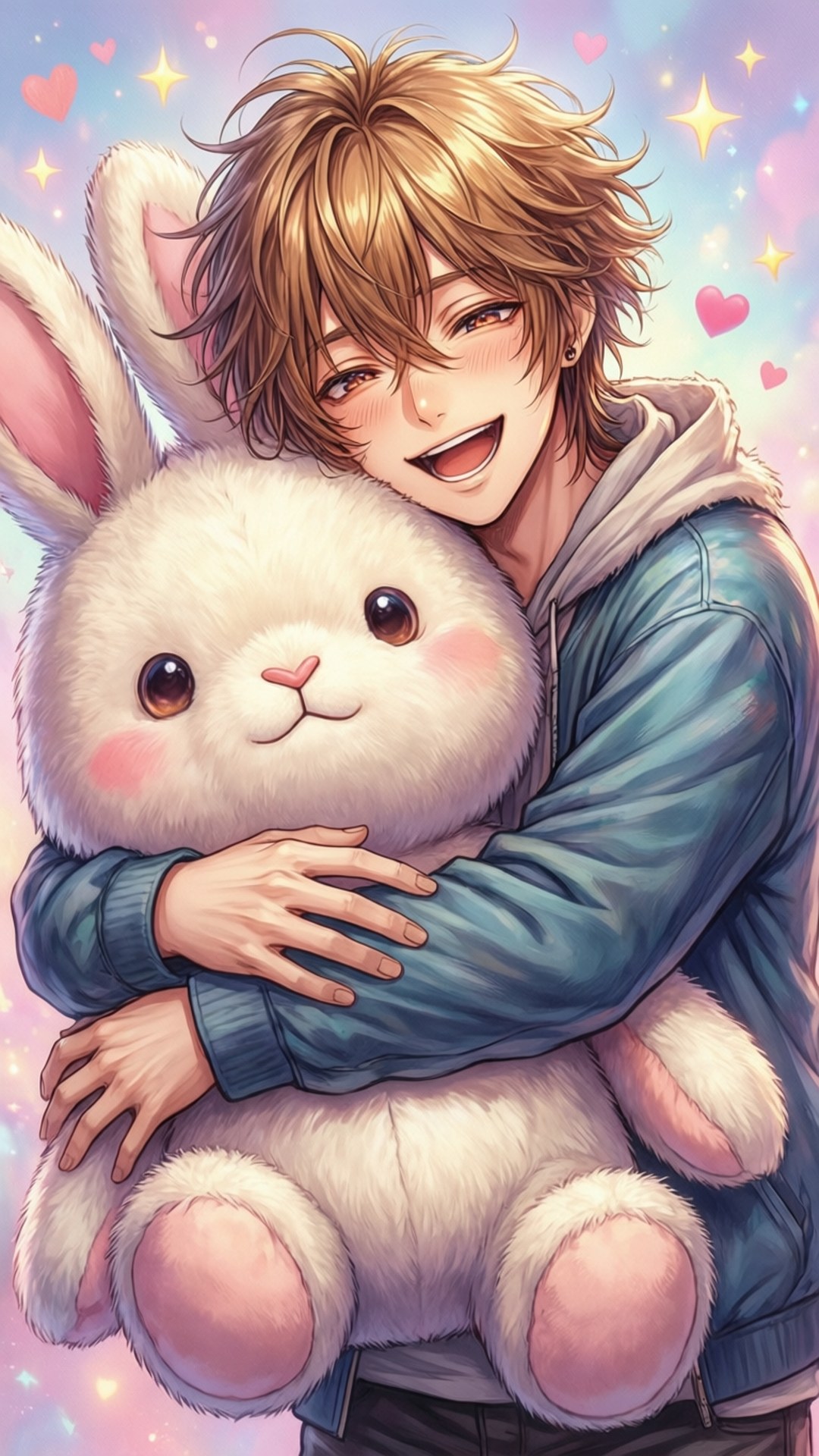 Emu Otori Pfp 桌布 壁紙 — 一個開朗的動漫男孩，一頭凌亂的金髮，在閃爍的粉彩天空下抱著一隻毛茸茸的白兔，背景有愛心和星星。