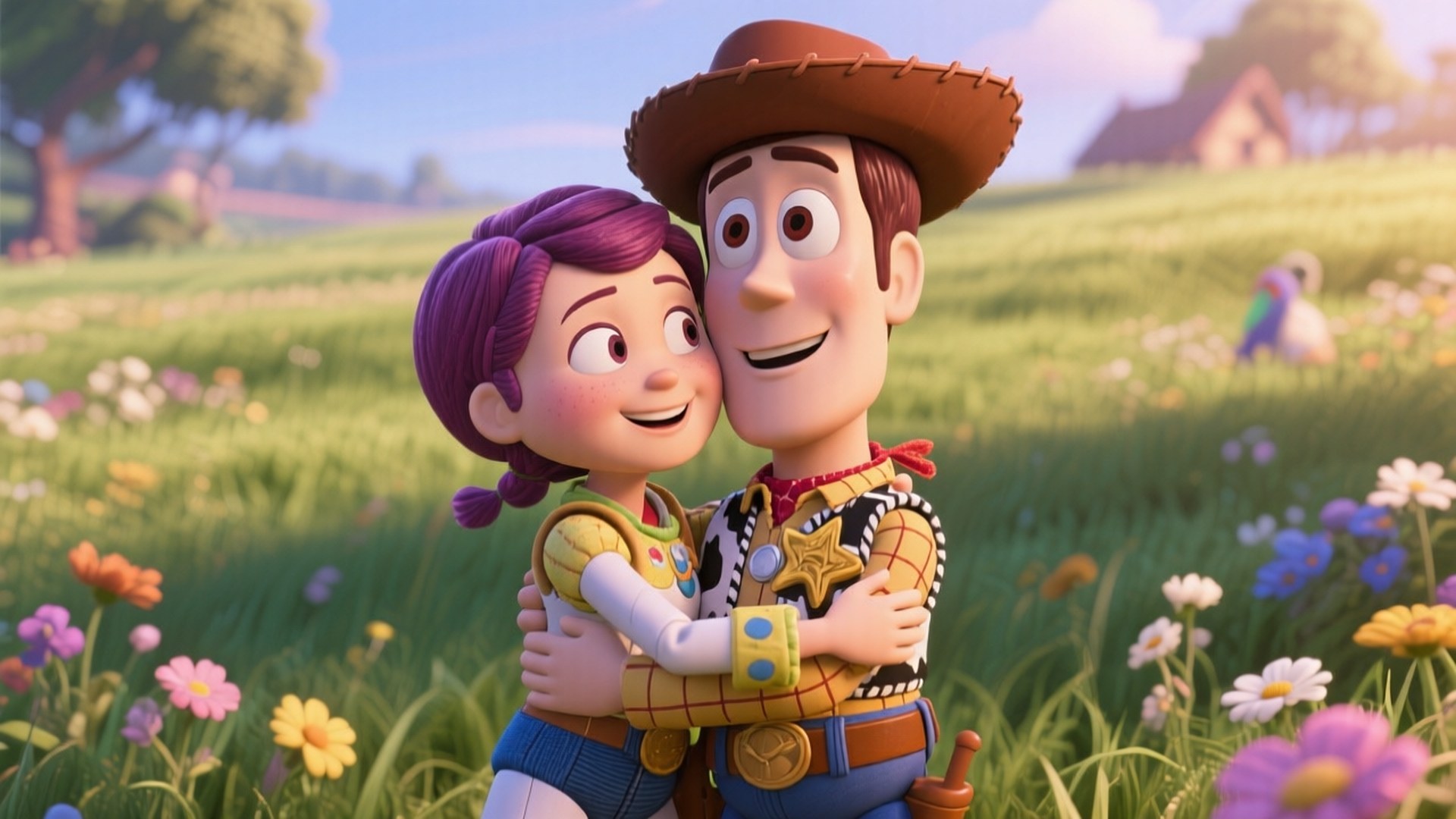 Woody and Bo Embrace 壁紙 — 一個開心的動畫牛仔和女孩在陽光明媚、開滿色彩繽紛野花的草地上擁抱。
