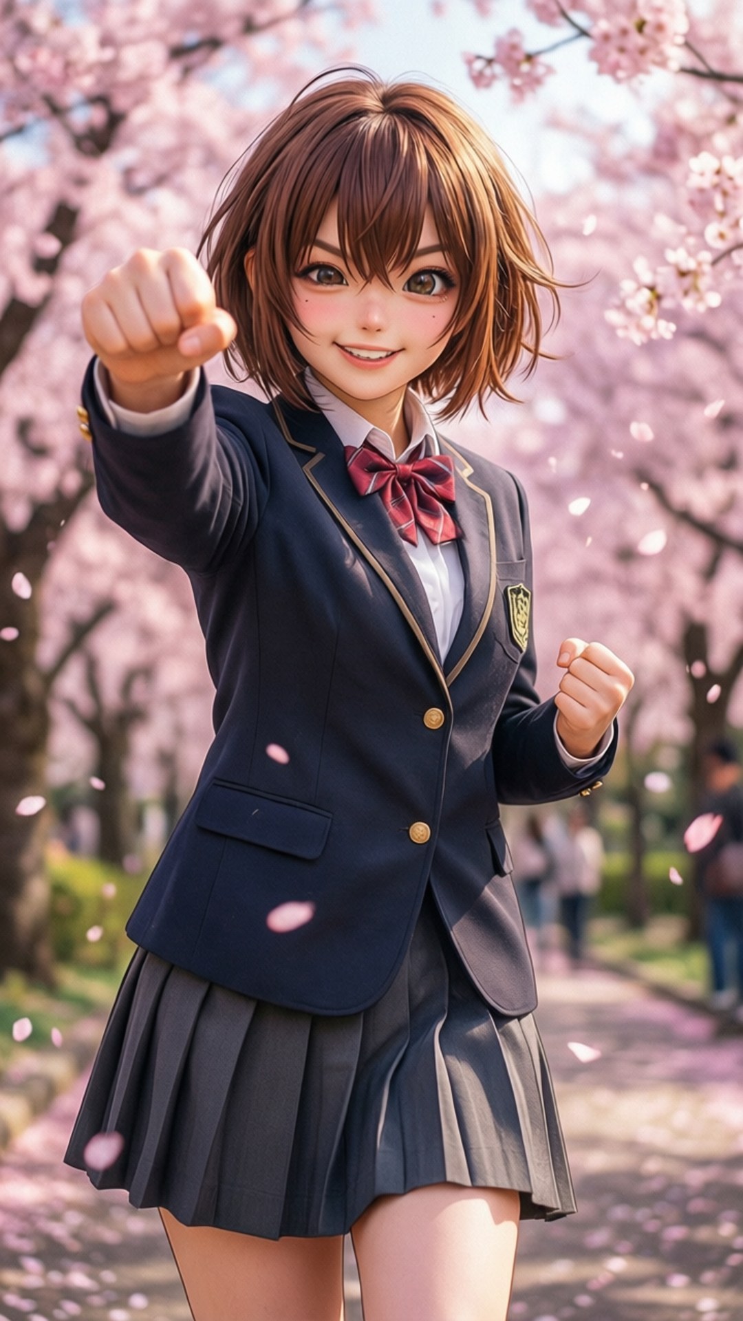 Sakura Cherry Blossom Hadouken 壁紙 — 一個開心的動漫女孩穿著海軍藍校服，在盛開的粉紅色櫻花下向前出拳。