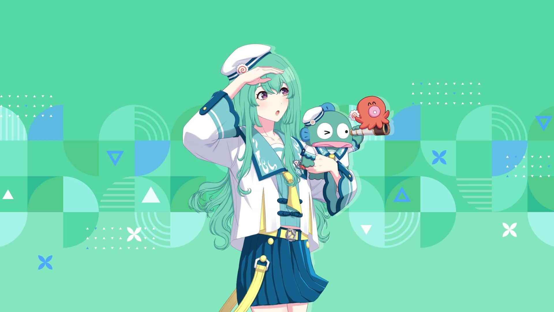  壁紙 — 一個開心的動漫女孩穿著水手服，在充滿活力的幾何綠色背景前，抱著兩隻可愛的海洋生物敬禮。