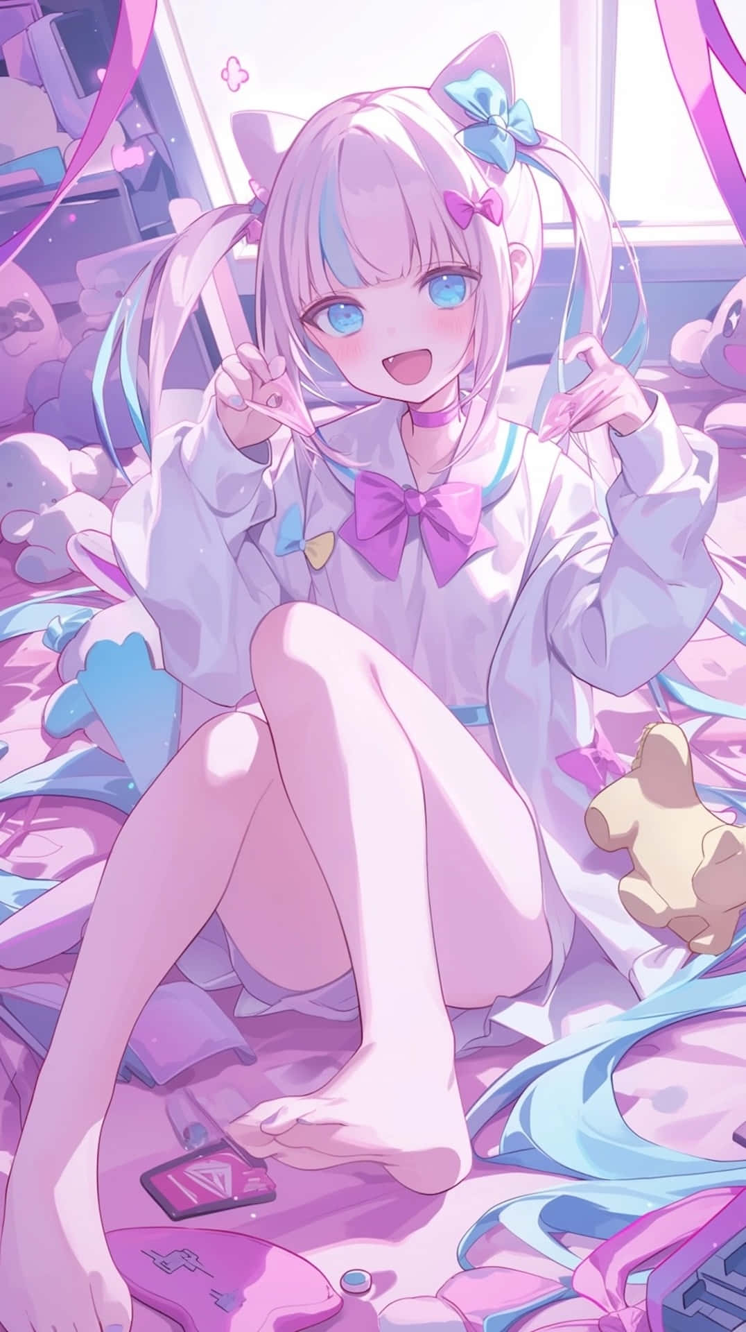 Needy Streamer Overload 桌布 壁紙 — 一個開心的動漫女孩，粉紅色頭髮和貓耳朵，坐在床上，周圍是絨毛玩具和發光的粉紅色絲帶。