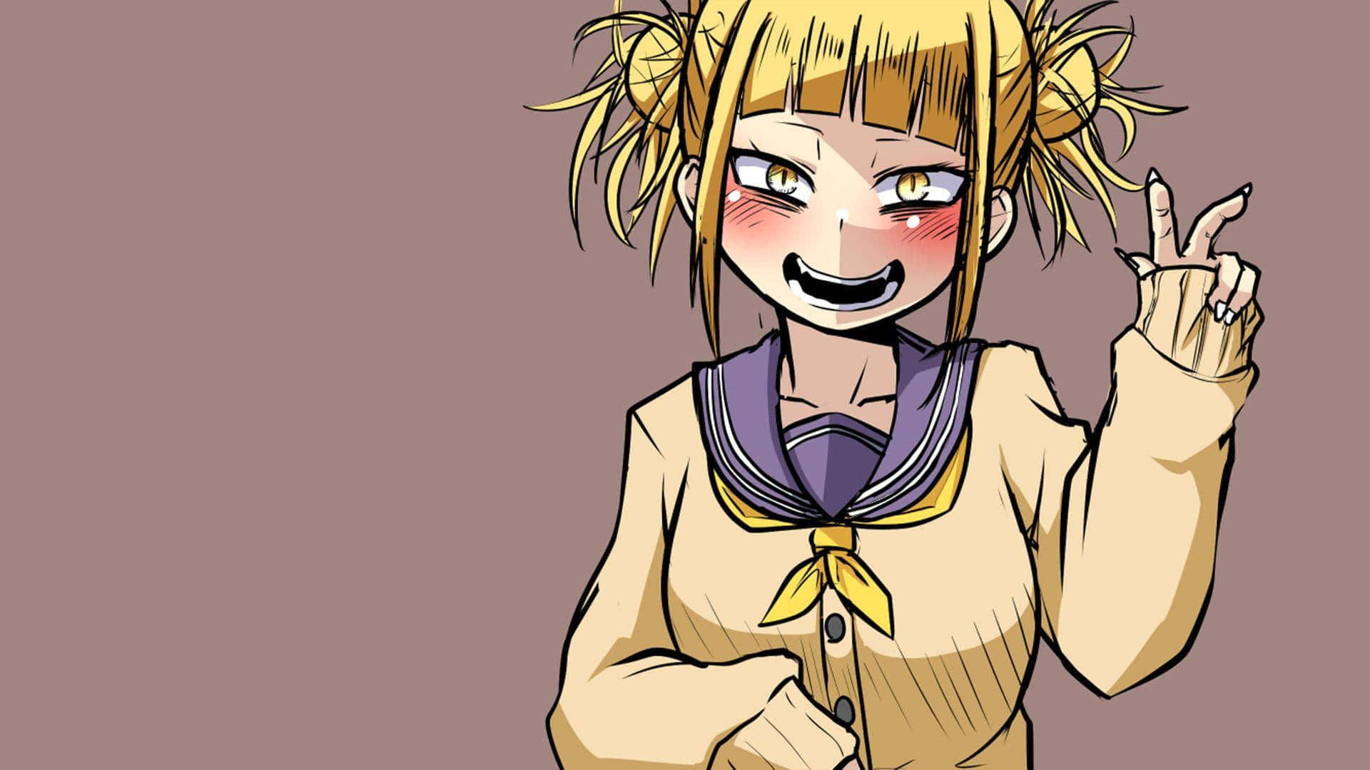  壁紙 — 一個開心的動漫女孩，金色雙馬尾，穿著水手服，微笑著比出和平手勢。