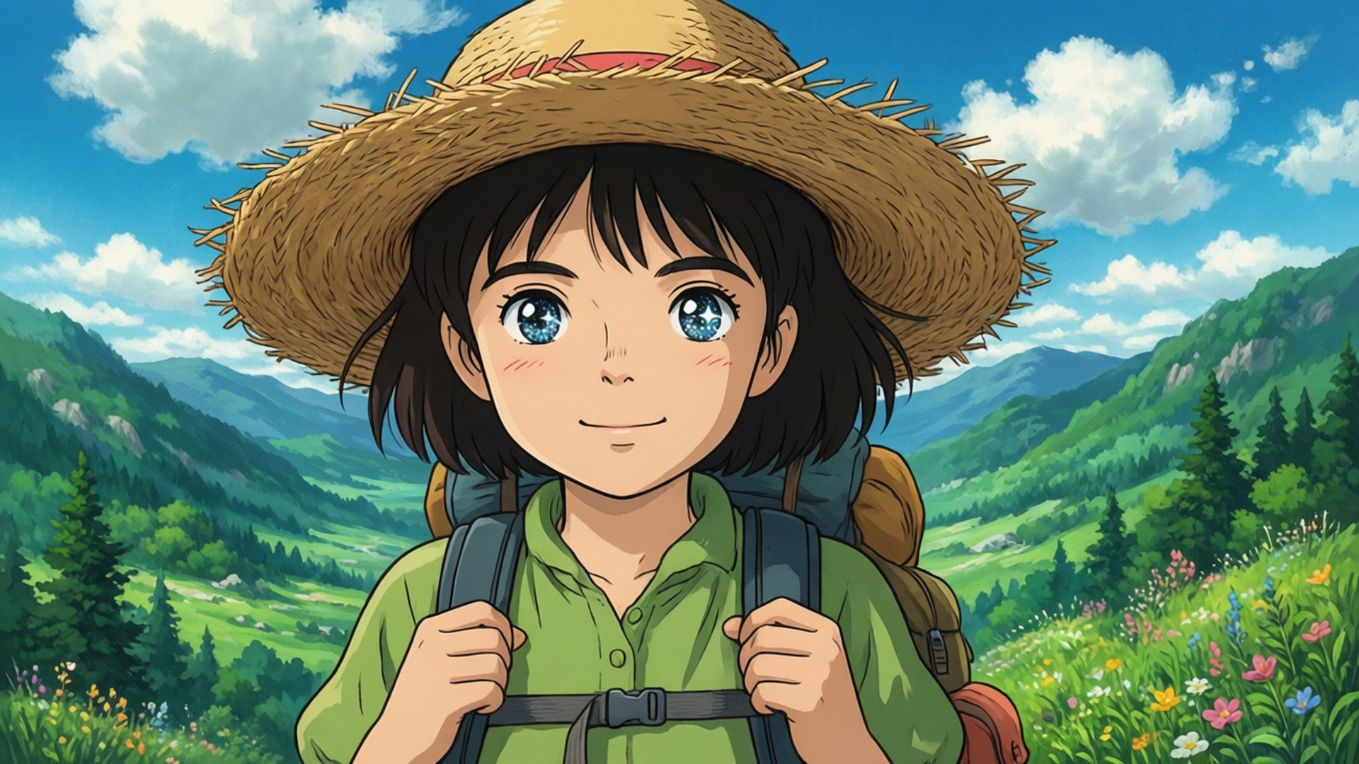 Hiking 桌布 壁紙 — 一個開心的動漫女孩，藍眼睛戴著草帽，在充滿活力的山間草地上微笑著背著背包。