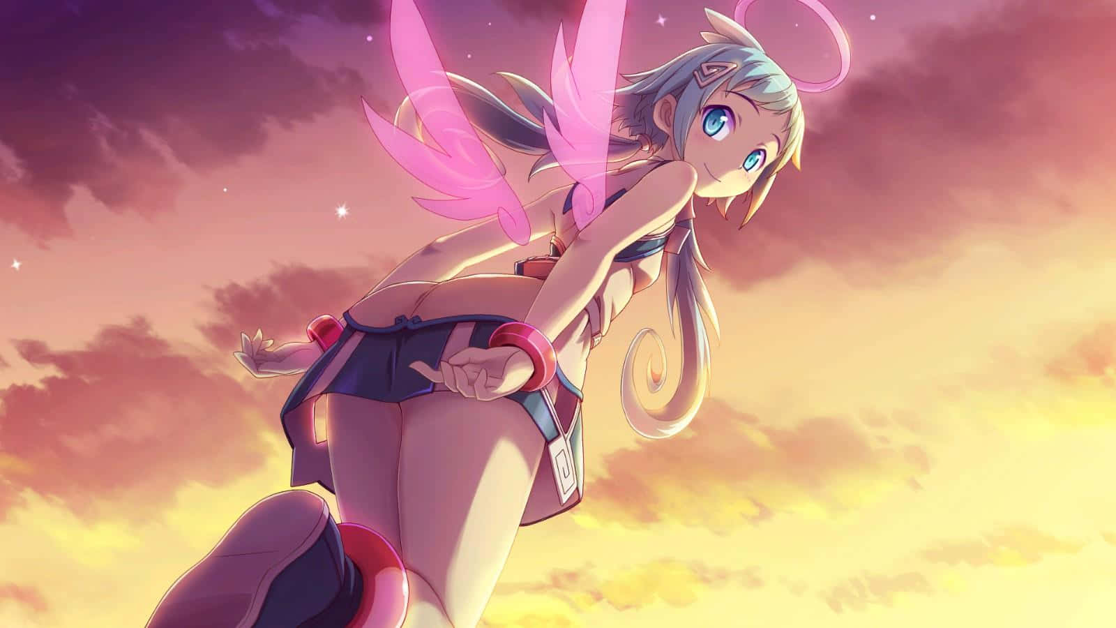 擁有粉紅色翅膀和光環的動漫女孩在日落天空中漂浮 — Ps4 壁紙