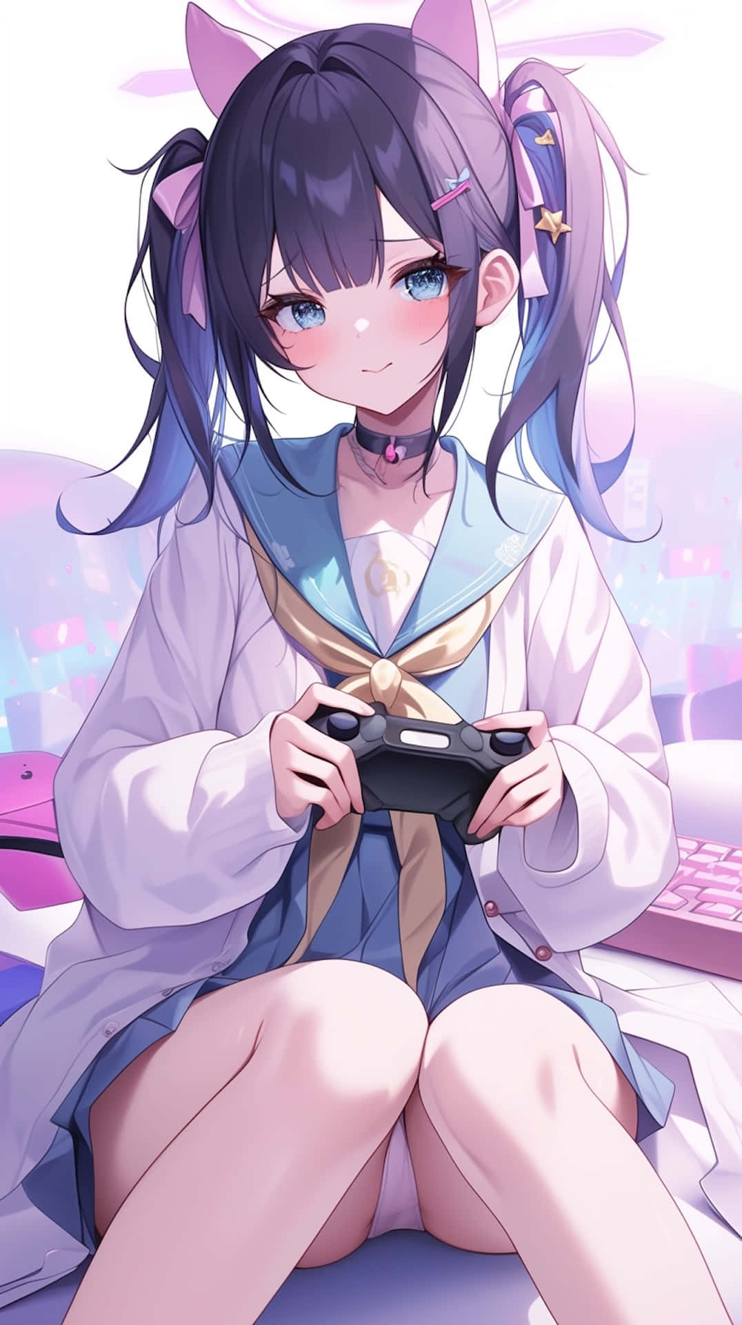 Needy Streamer Overload 桌布 壁紙 — 一個開心的動漫女孩，紫色頭髮和貓耳，坐在一個閃爍粉紅和藍色的房間裡，拿著遊戲控制器。