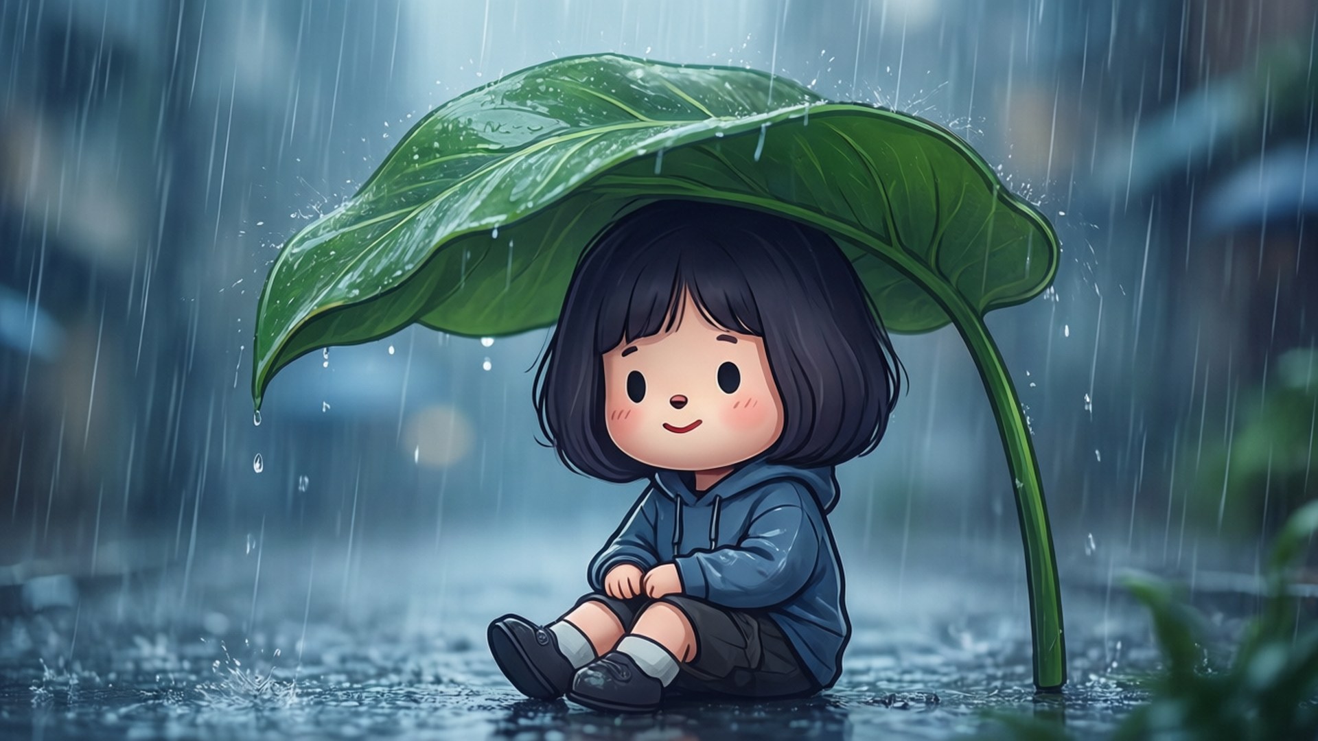 Rainy Day Koya 壁紙 — 一個開心的卡通女孩坐在一個巨大的綠色葉子雨傘下，雨滴在她周圍的霧濛濛城市環境中落下。