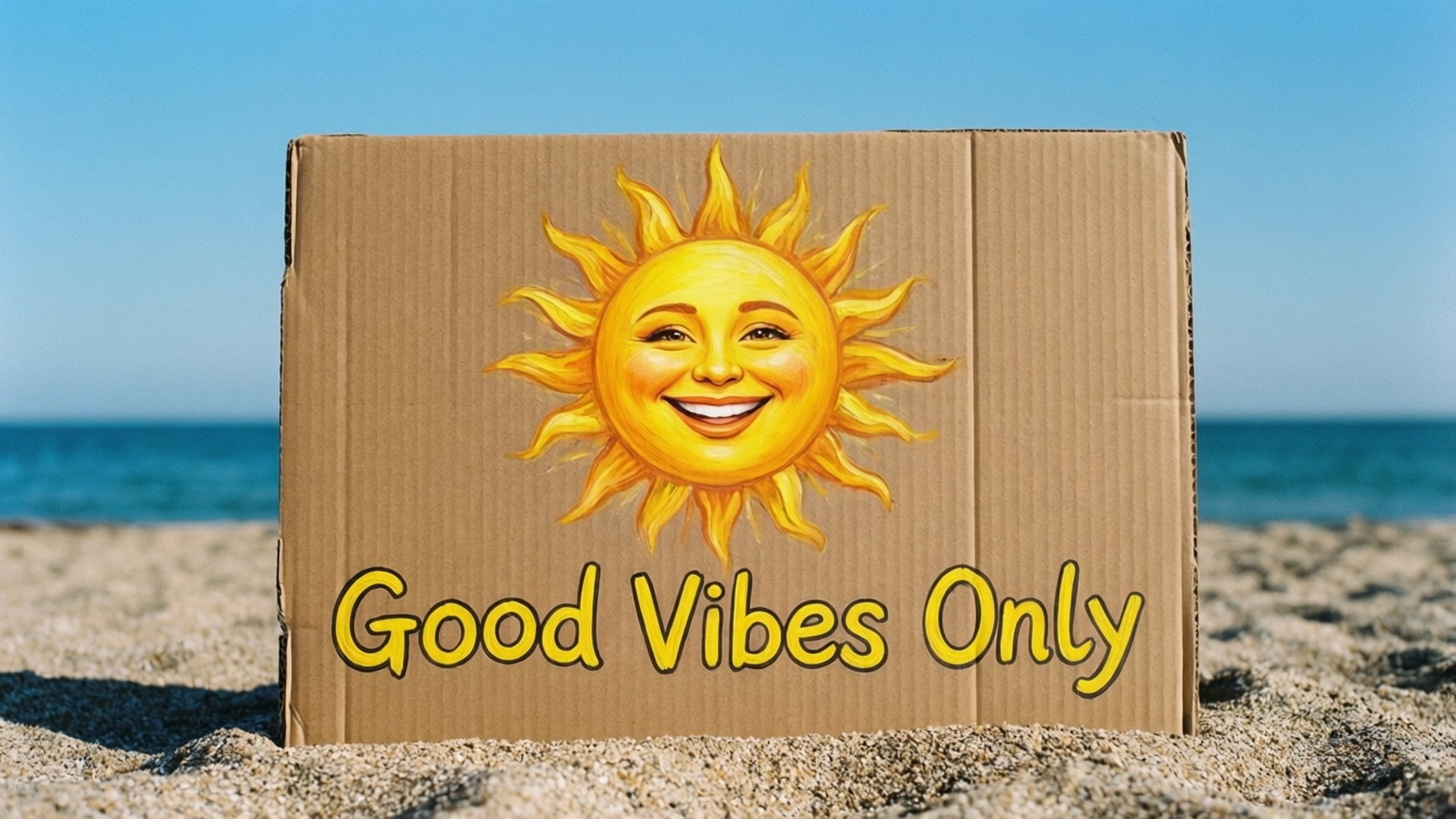 紙箱上有微笑太陽圖案和文字 Good Vibes Only，在海灘上。