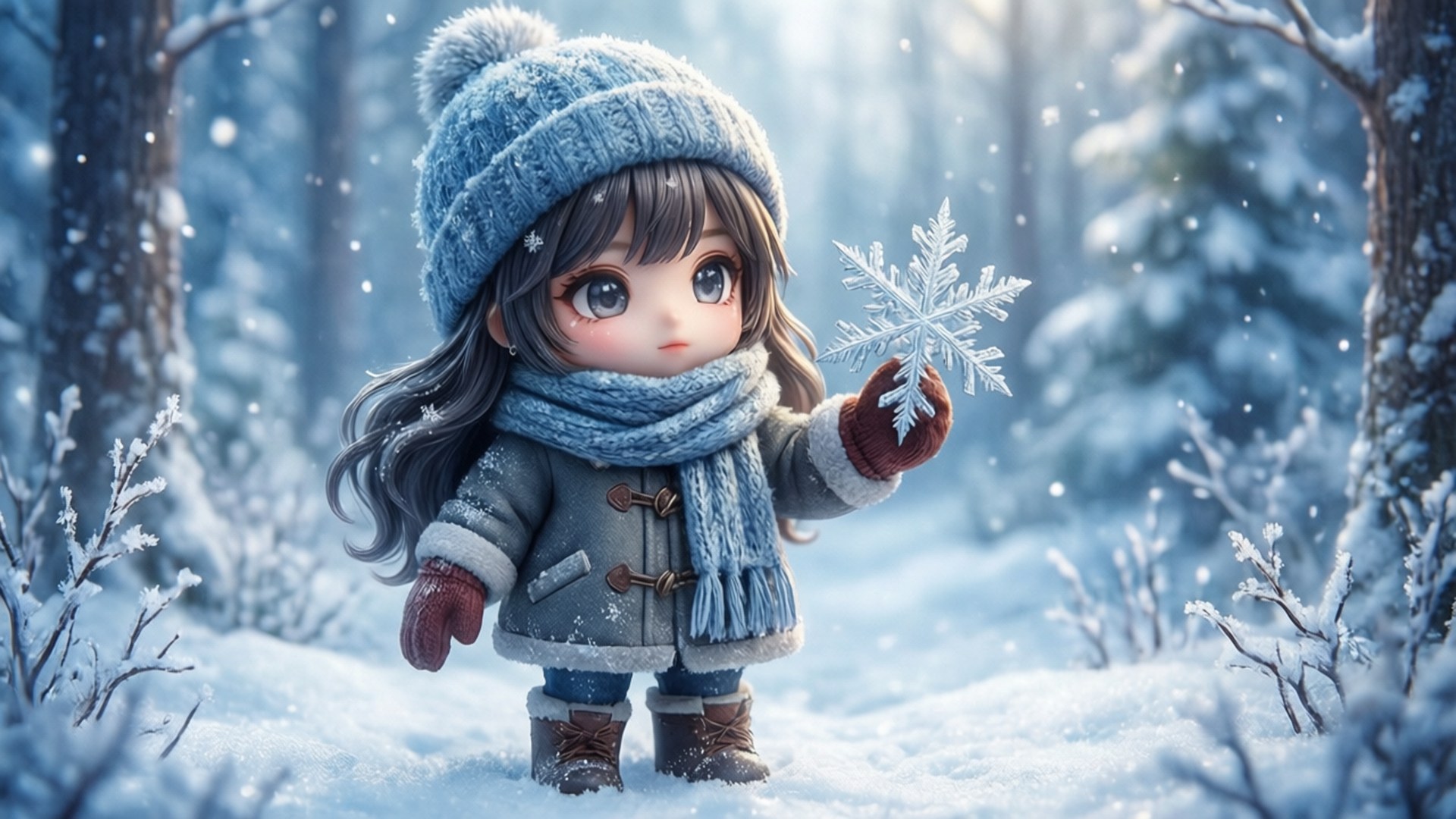 Winter Magic 壁紙 — 一個可愛的動漫風格女孩，戴著藍色針織帽和圍巾，站在雪地森林中，手持一個大型精緻的雪花。