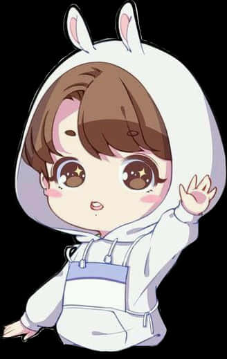 穿著兔子連帽衫的動漫角色揮手，眼睛閃爍。 — Bts 壁紙