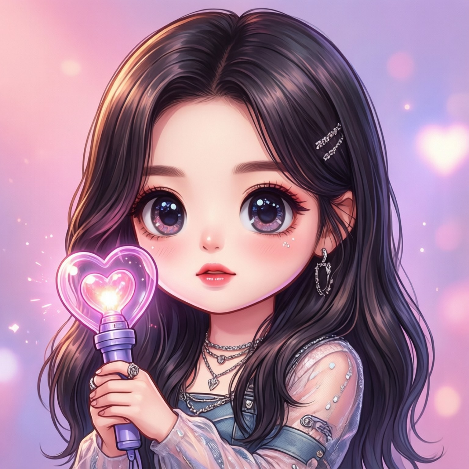 黑髮動漫女孩在粉紅紫色背景中拿著發光愛心魔杖 — K Pop 壁紙