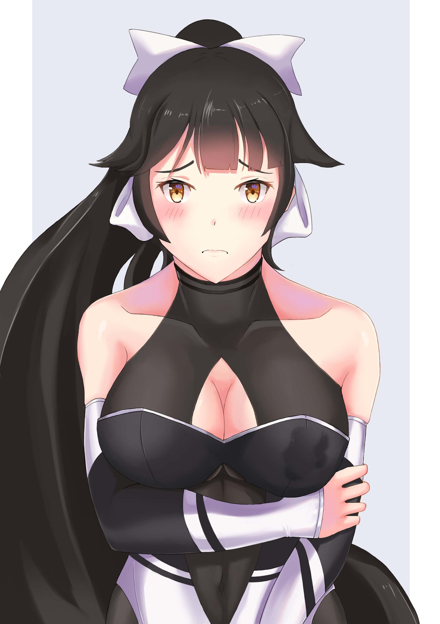 Azur Lane Takao 桌布 壁紙 — 一個可愛的動漫女孩，黑髮白貓耳，穿著黑白女僕裝，雙臂交叉。