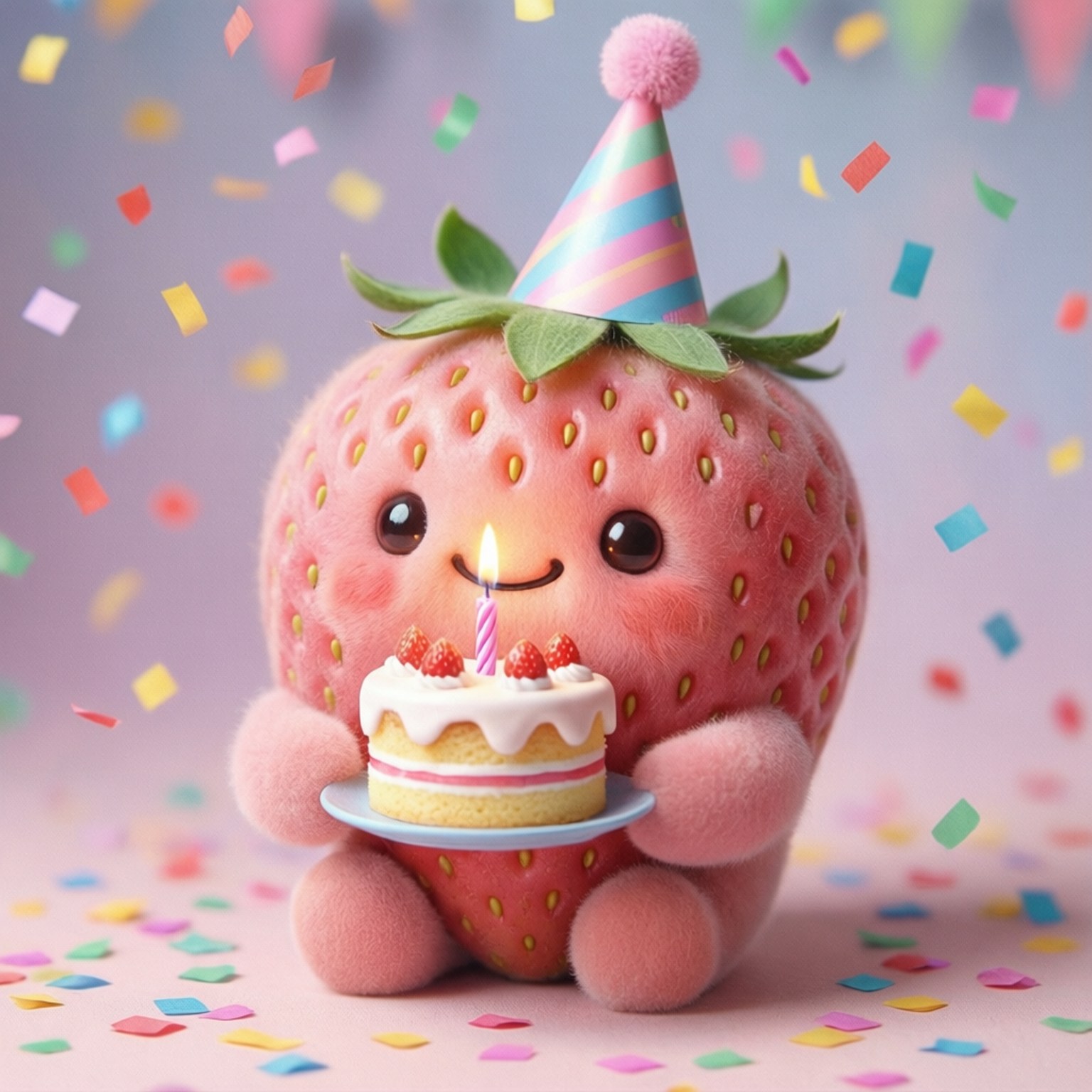 草莓生日快樂 壁紙 — 一個可愛的粉紅色草莓角色戴著派對帽，手持插有燃燒蠟燭的生日蛋糕，周圍有彩色紙屑飄落。
