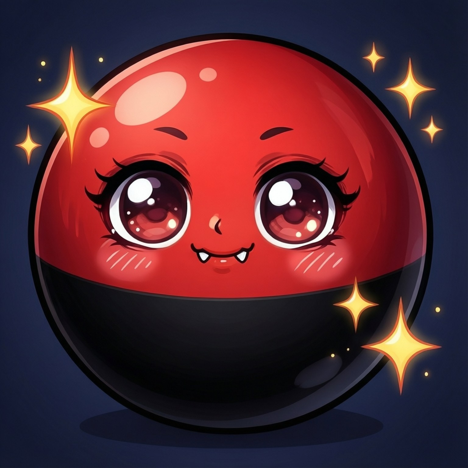 Chibi Tsukuyomi Ball 壁紙 — 一個可愛的紅色和黑色球形角色，有大眼睛、尖牙和閃光，在深藍色背景上。