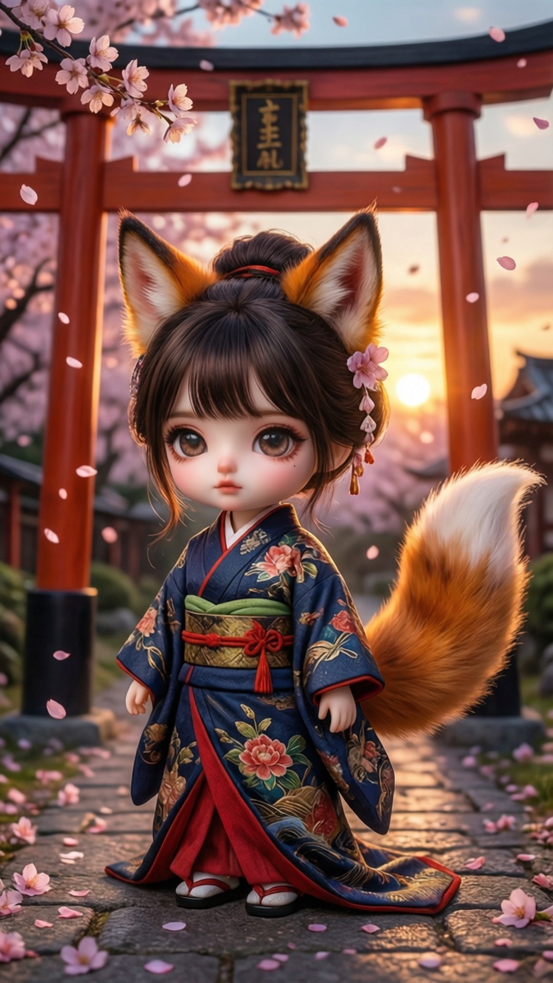 Fox Spirit Shrine 壁紙 — 一個可愛的狐女穿著花卉和服，站在夕陽下的櫻花鳥居下。