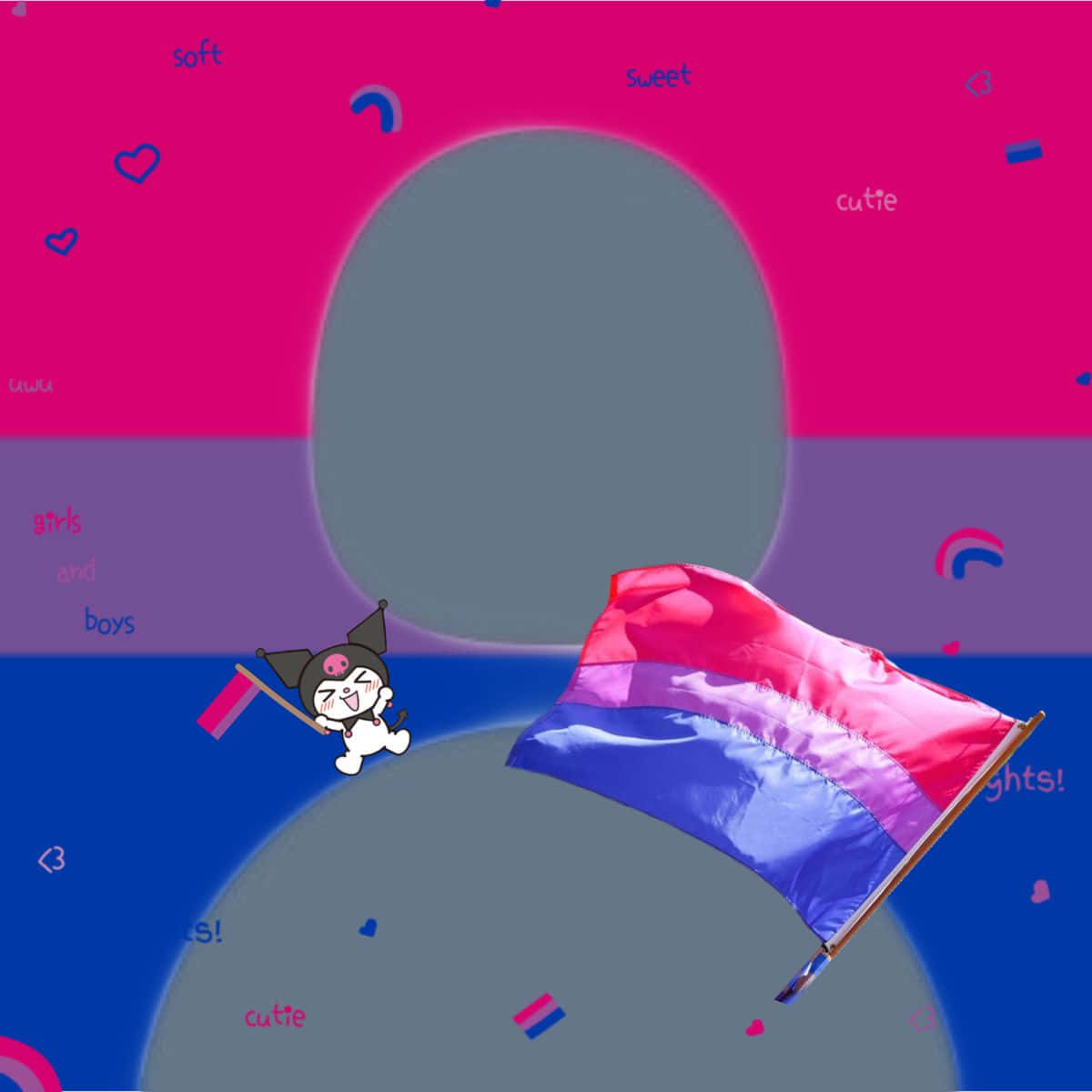  壁紙 — 一個可愛的卡通角色在充滿漂浮愛心和文字的鮮豔粉紅、紫色和藍色背景前，快樂地揮舞著雙性戀驕傲旗幟。