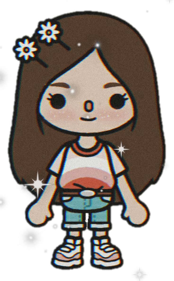  壁紙 — 一個可愛的卡通女孩，棕色頭髮，戴著花朵髮夾，穿著條紋襯衫和短褲，周圍有閃光。