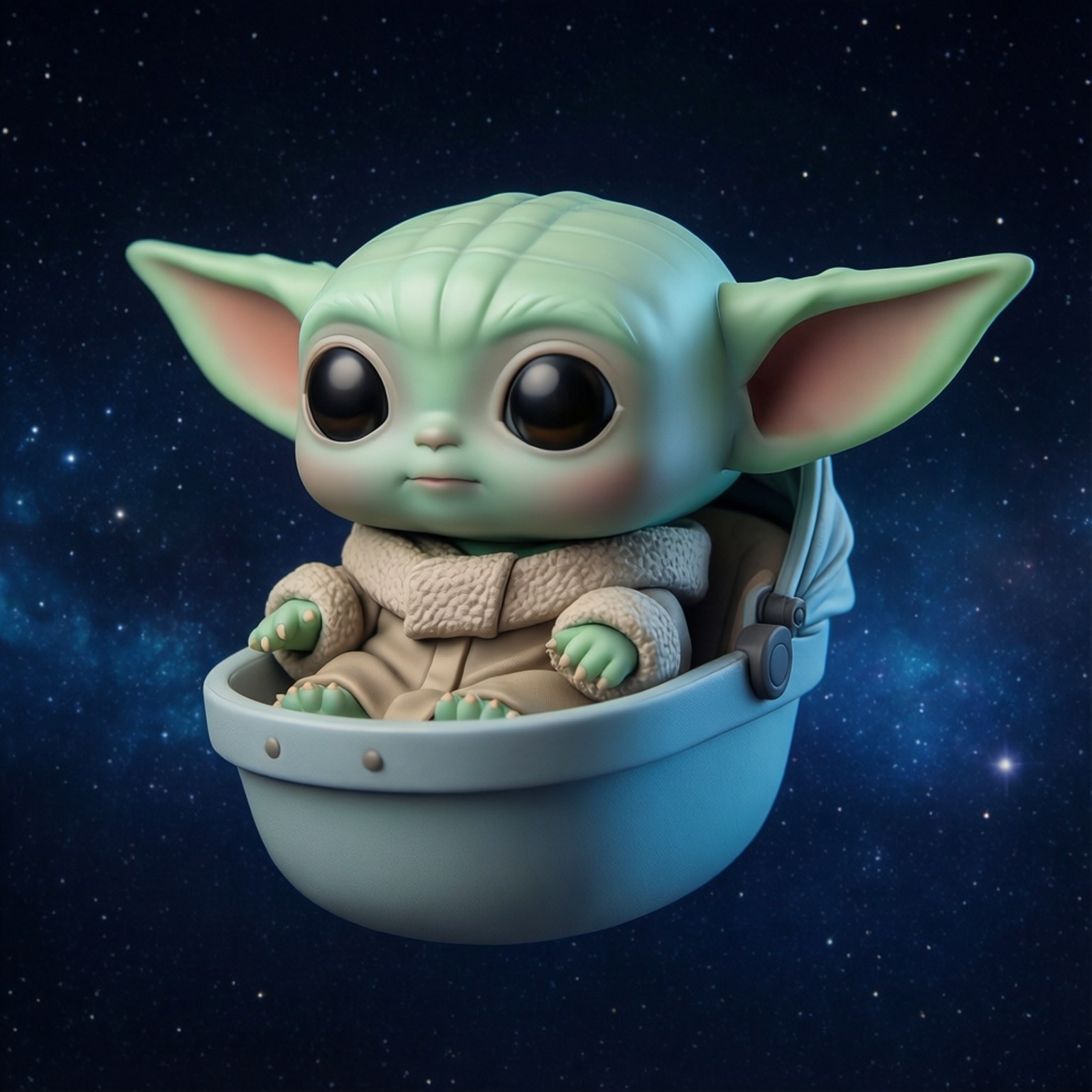 Baby Yoda Journey 壁紙 — 一個可愛的綠色小尤達在星空宇宙背景下平靜地坐在漂浮的載具中。