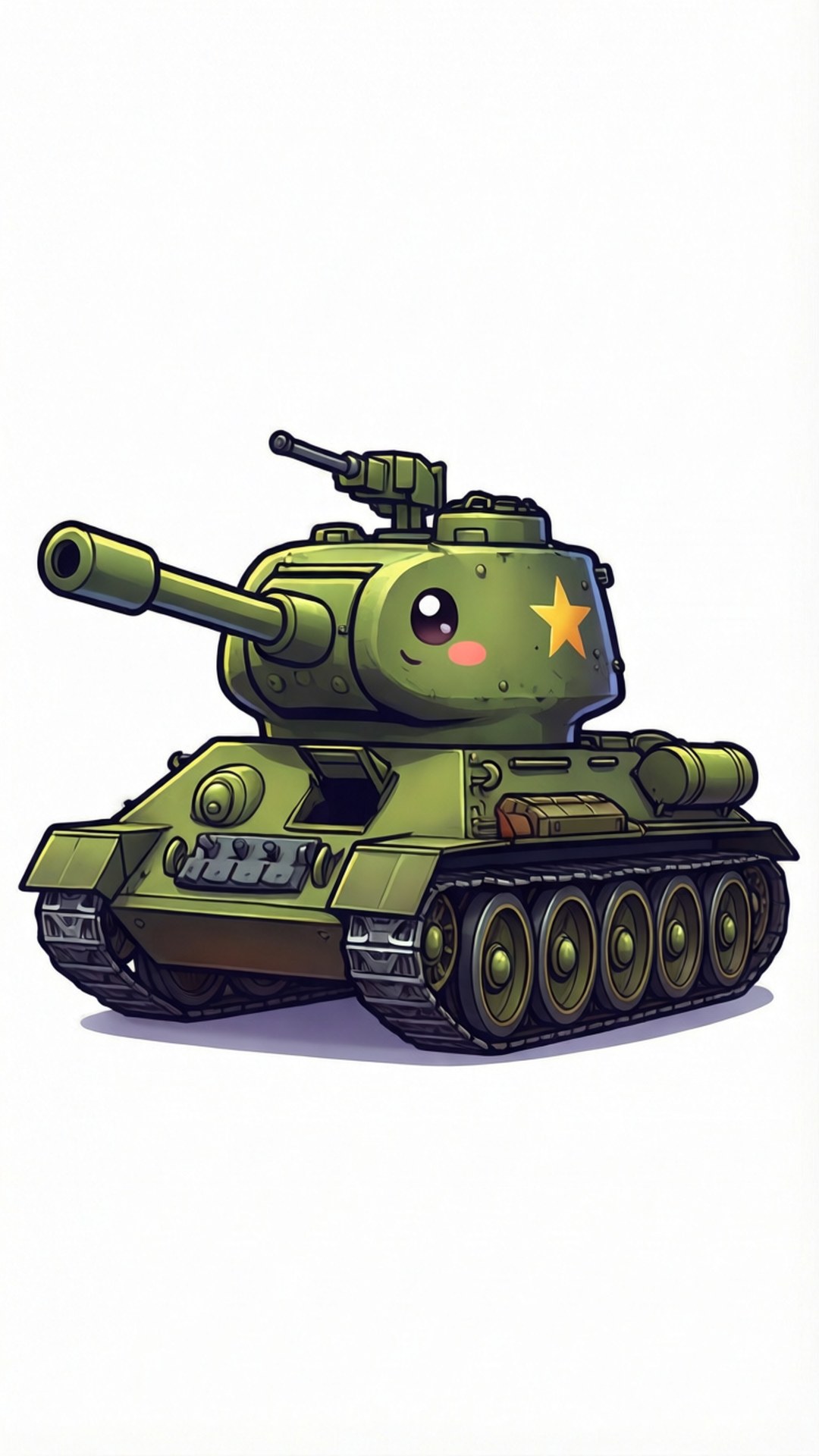 Chibi T-34 壁紙 — 一個可愛的綠色卡通坦克，帶有黃色星星和紅暈的臉頰，站在純白色背景前。
