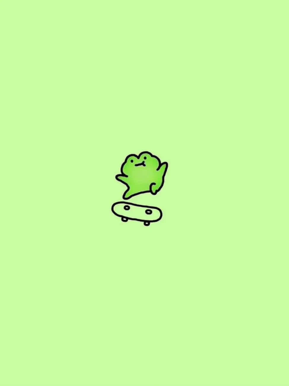  壁紙 — 一個可愛的綠色青蛙角色在純淺綠色背景上玩滑板。