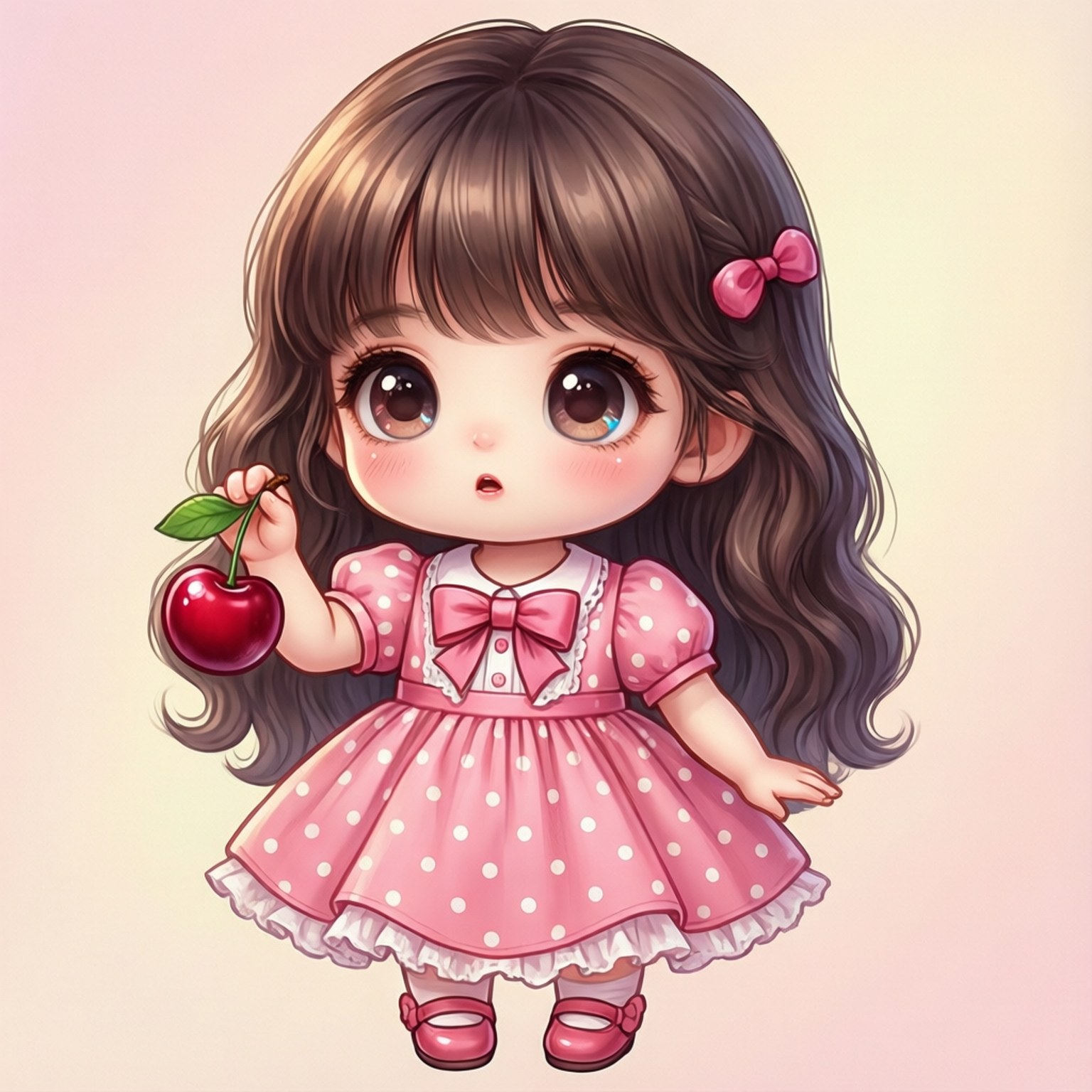 Cherry Chibi Chi 壁紙 — 一個可愛的Q版女孩，長長的棕色頭髮，穿著粉紅色圓點裙，拿著一個閃閃發光的紅色櫻桃。
