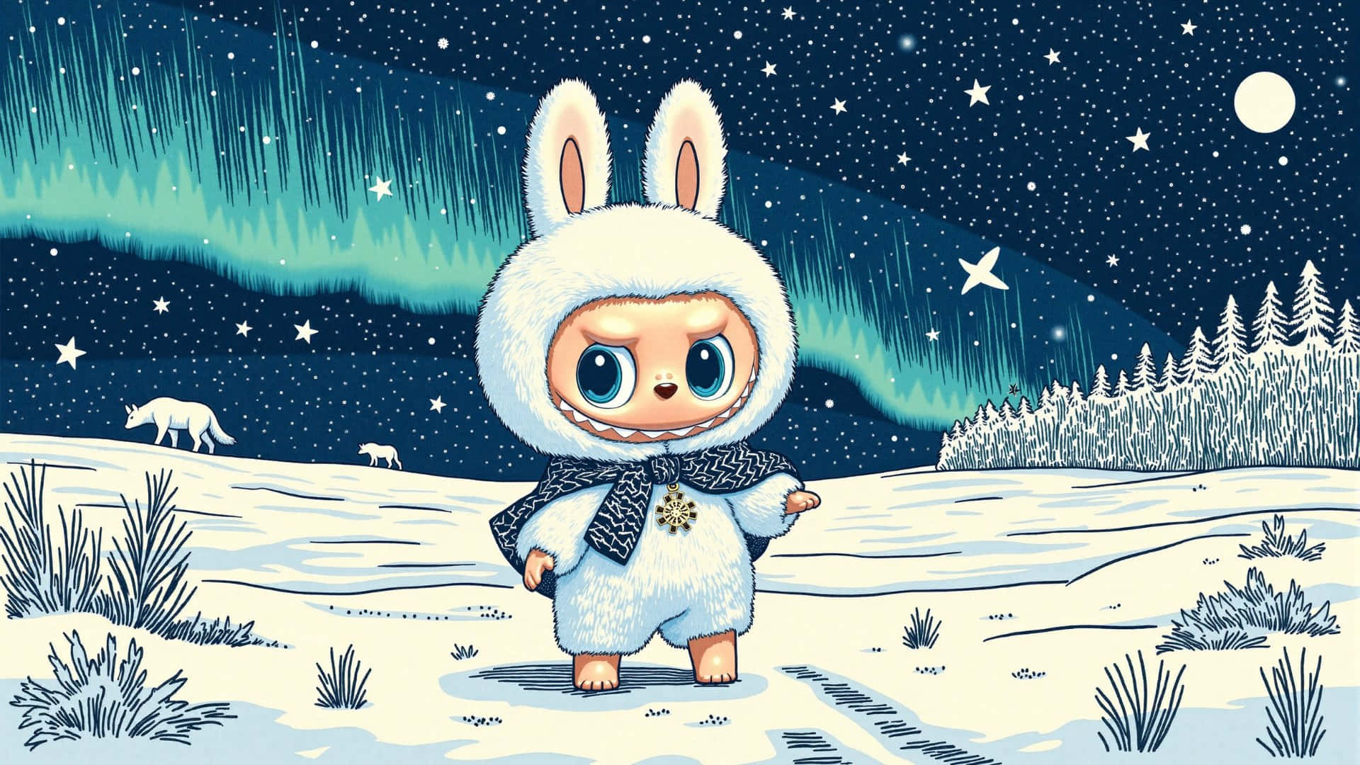  壁紙 — 一個可愛的兔子般角色穿著蓬鬆的白色服裝，站在雪地裡，星空下伴有極光和滿月。