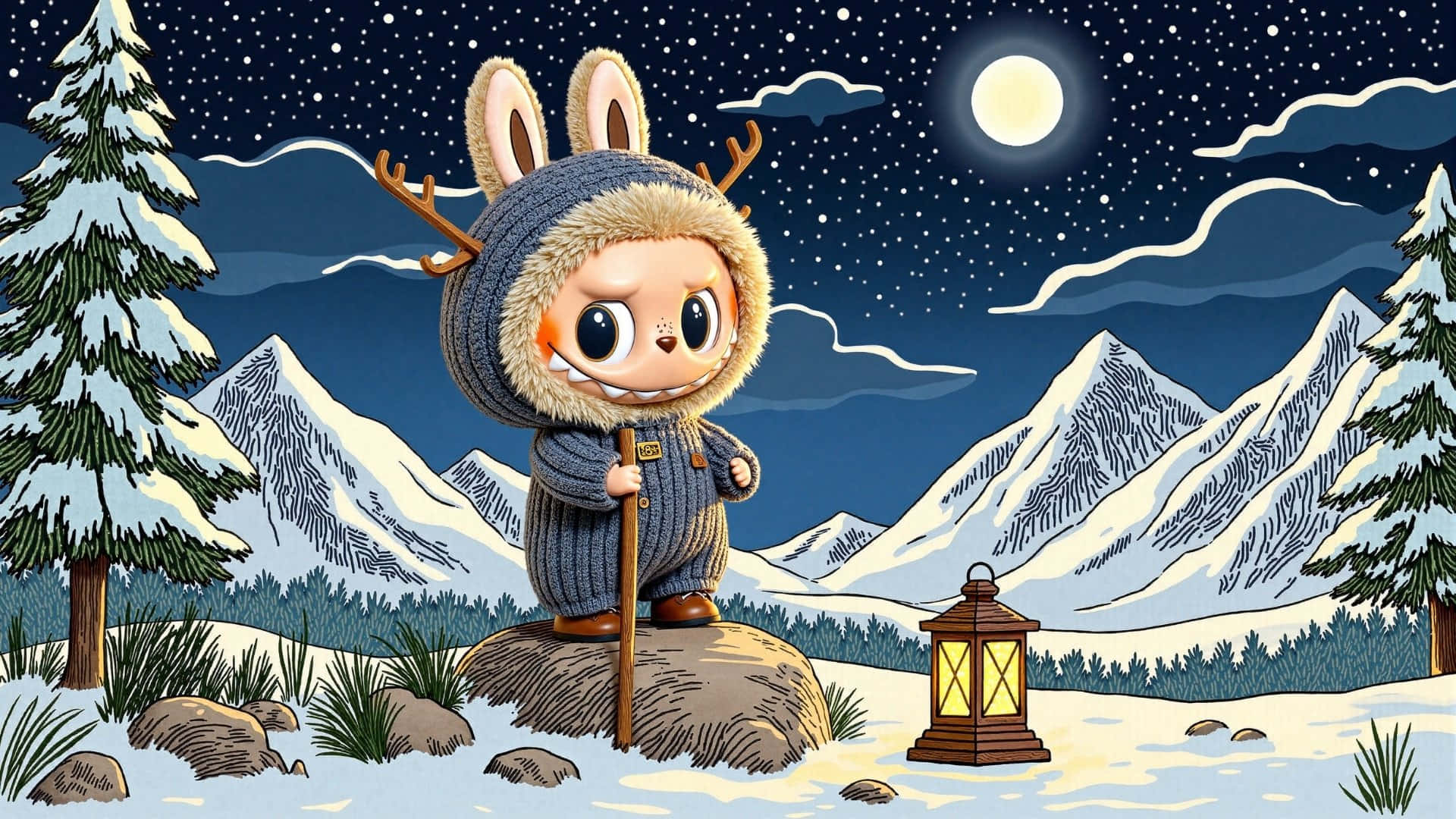  壁紙 — 一個可愛的兔子角色穿著冬季外套，站在明亮的月亮下的雪山頂上，附近拿著一根帶燈籠的杖。