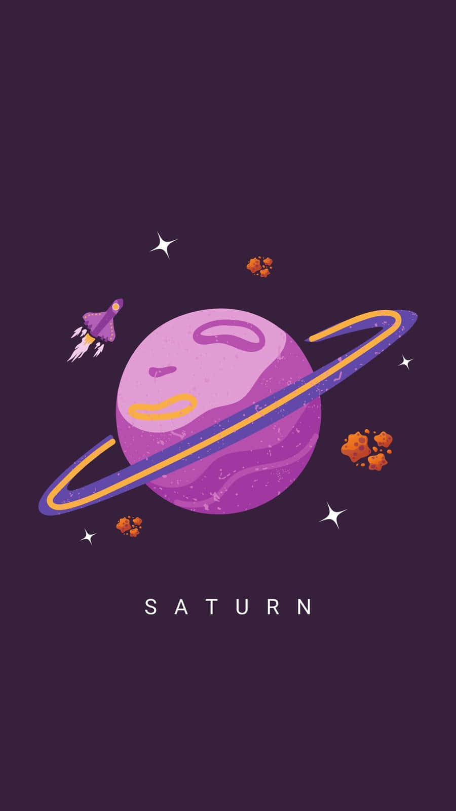  壁紙 — 一個可愛的紫色土星，帶有笑臉和光環，漂浮在太空中，火箭飛過，附近有星星和小行星。