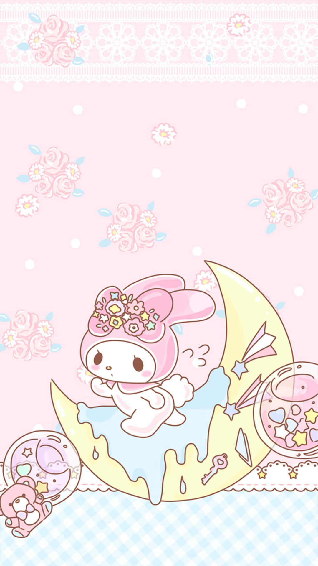 卡通兔子在月亮上，帶有花卉裝飾和柔和色彩。 — Hello Kitty 壁紙