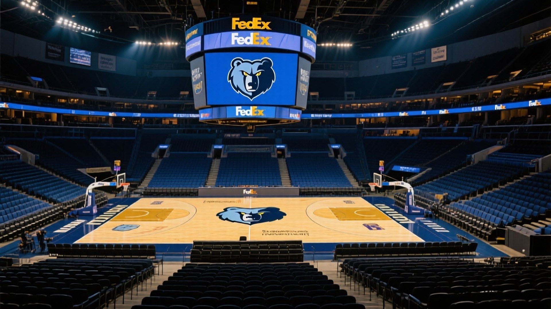 Arena Empty Court 壁紙 — 一個空無一人的FedExForum籃球場，設有藍色座位和拋光木地板，地板上有曼菲斯灰熊隊標誌，上方有明亮的燈光。