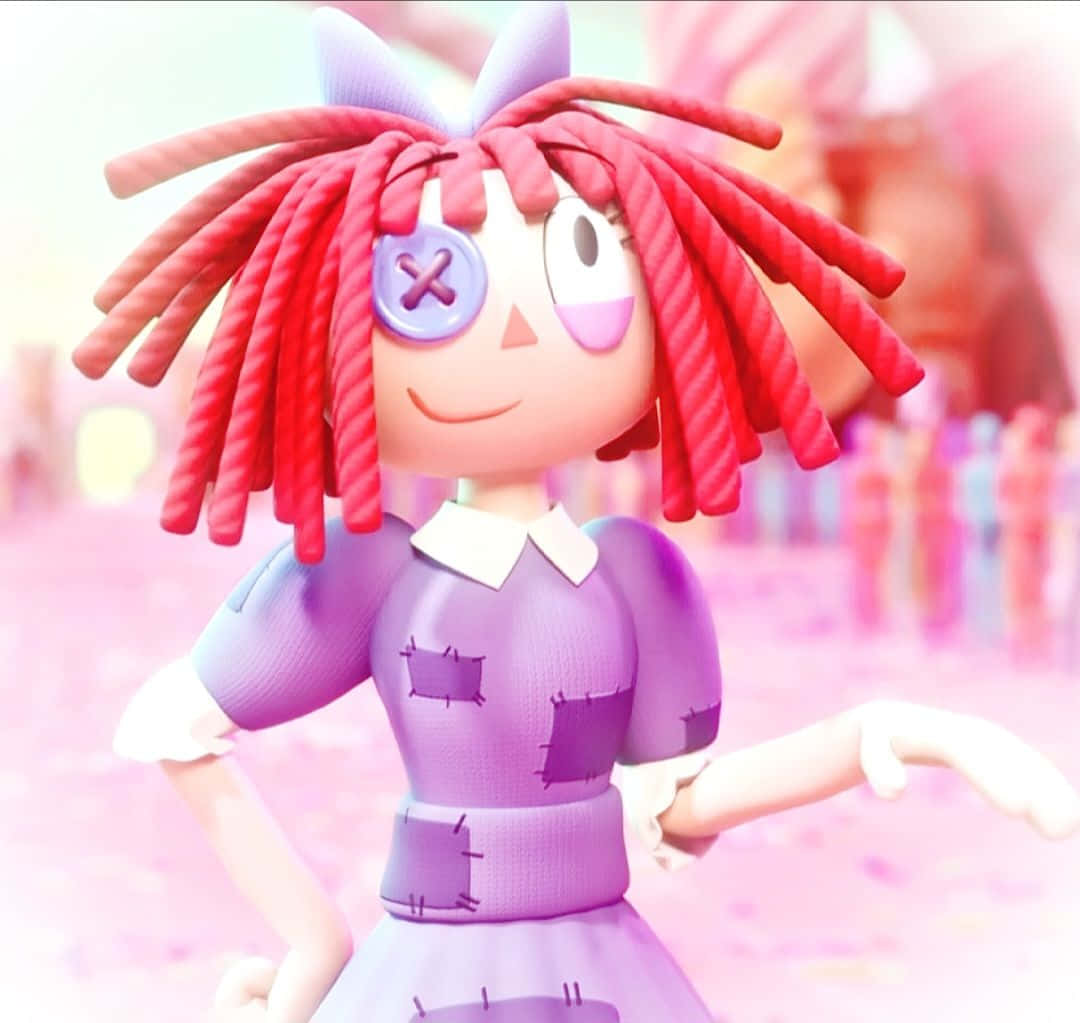  壁紙 — 一個快樂的3D渲染動畫女孩，擁有紅色繩子頭髮和紫色鈕扣眼睛，在柔和的粉紅色世界中微笑。