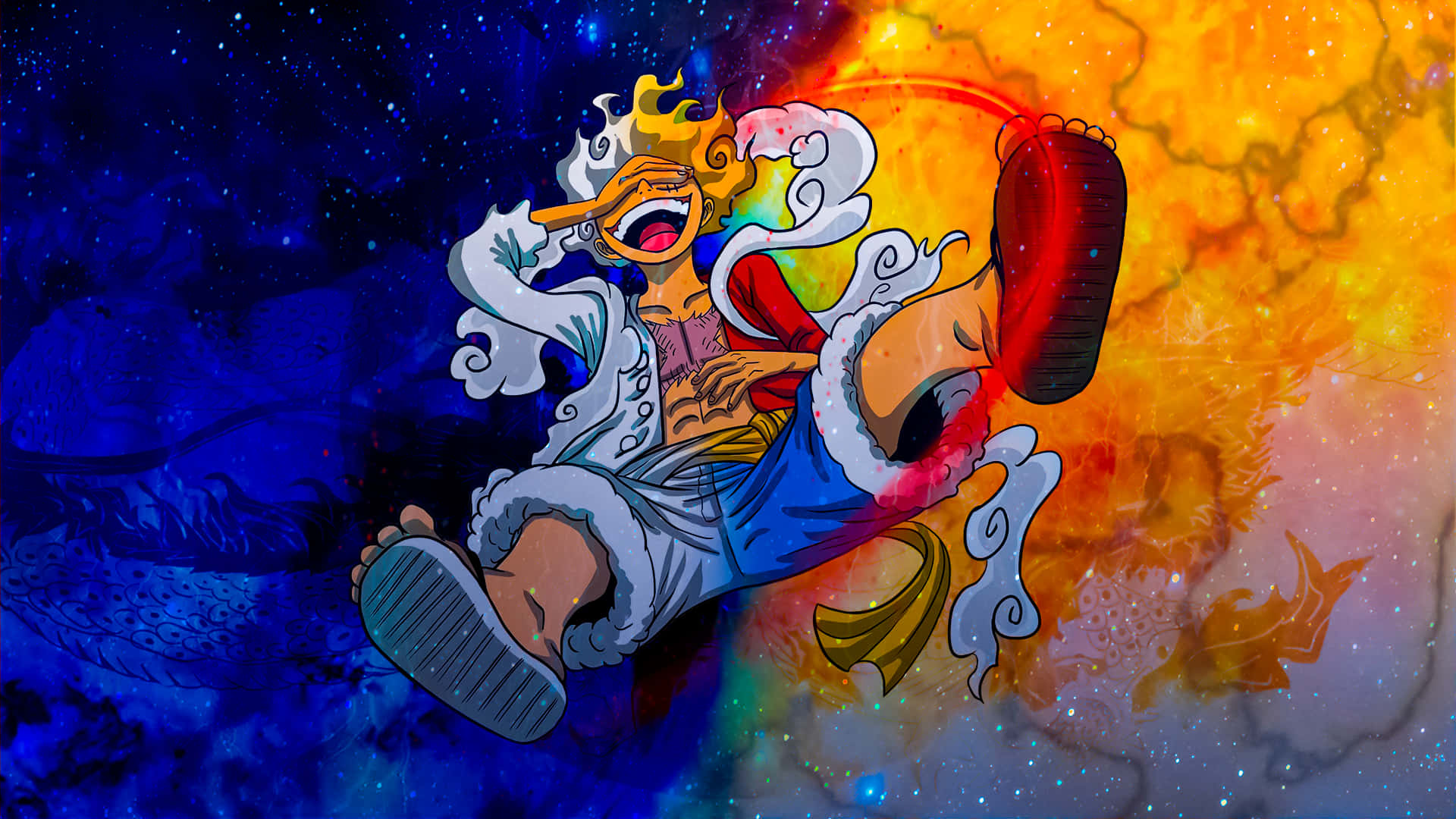  壁紙 — 一個快樂的動漫海盜跳過宇宙虛空，身後有熾熱的橙色能量和旋轉的藍色星星。