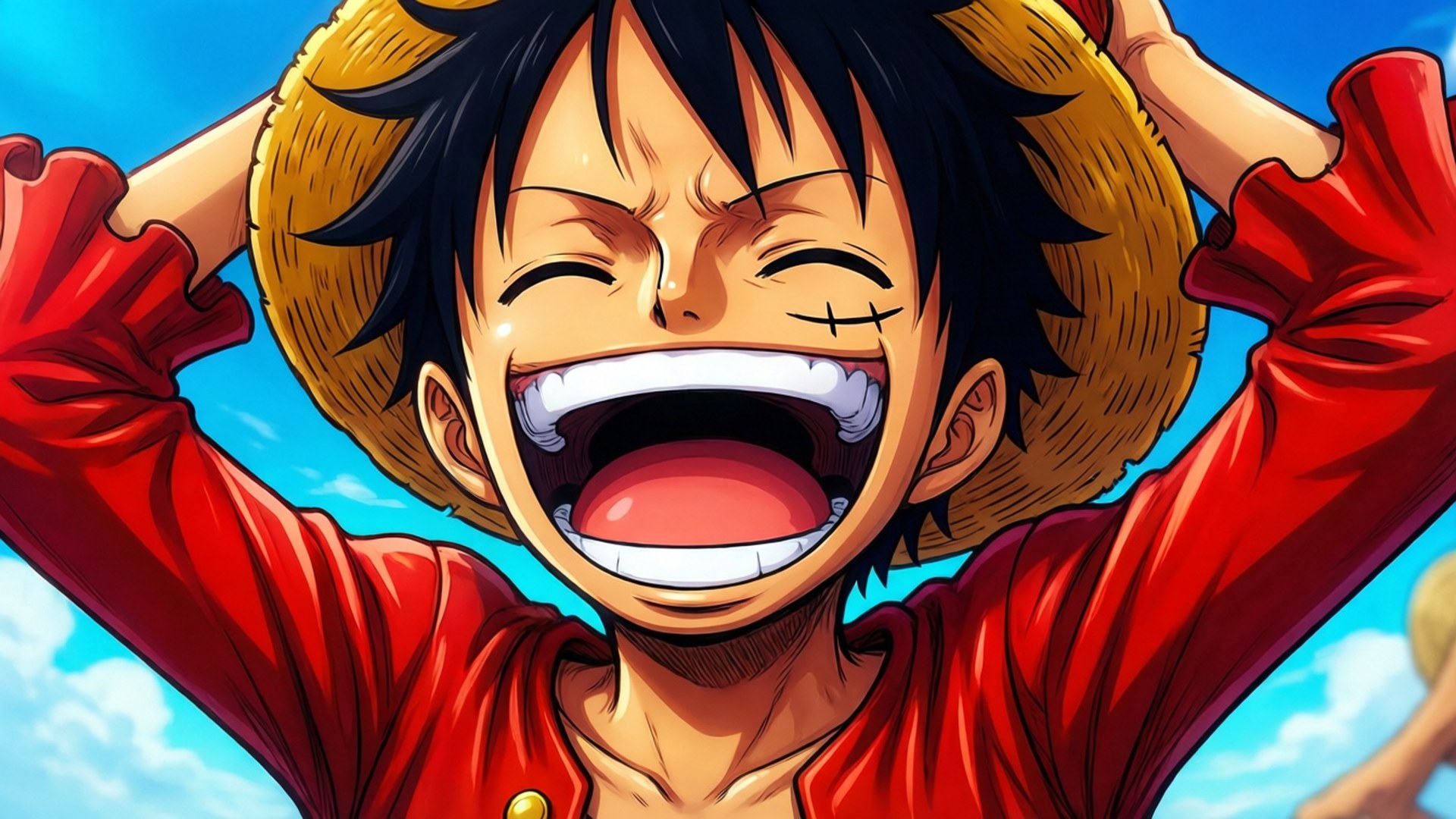 Luffy Laugh Meme 壁紙 — 一個快樂的動漫男孩，黑髮戴草帽，在明亮的藍天下高舉雙臂狂笑。