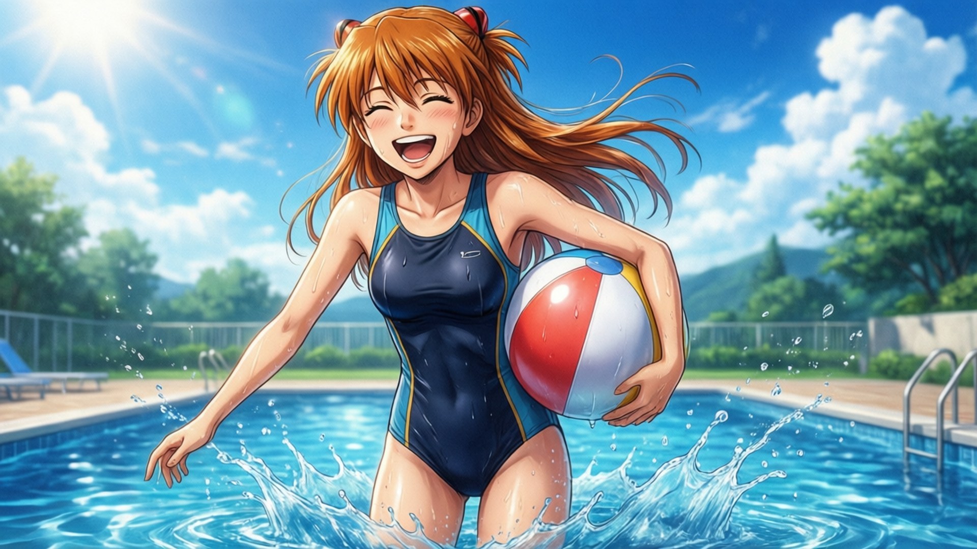 Chizuru Poolside 壁紙 — 一個快樂的動漫女孩，橙色頭髮，從閃閃發光的游泳池中出現，在明亮的陽光下拿著一個色彩繽紛的沙灘球。